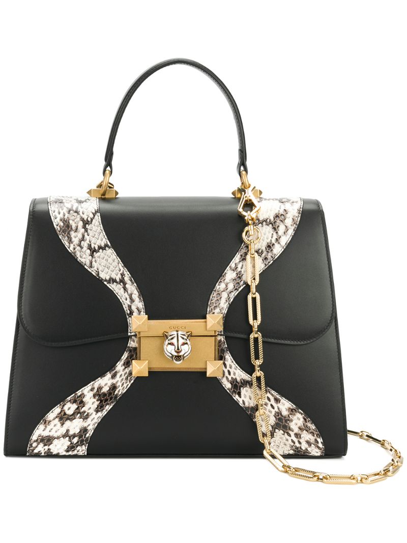 Gucci - Leather and snakeskin top handle bag - women - Snake Skin/metal/Leather/Enamel - One Size - Black