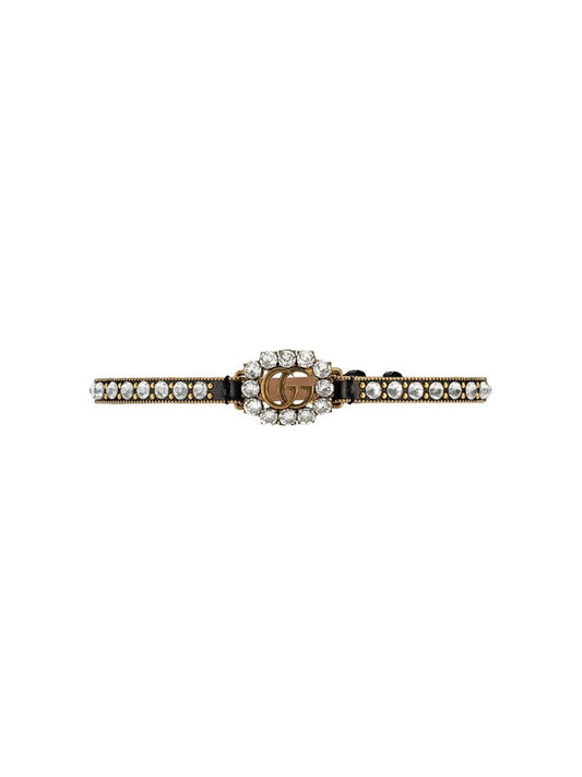 Gucci - Leather choker with Double G - women - Gold Plated Metal/Crystal/Leather - One Size - Black