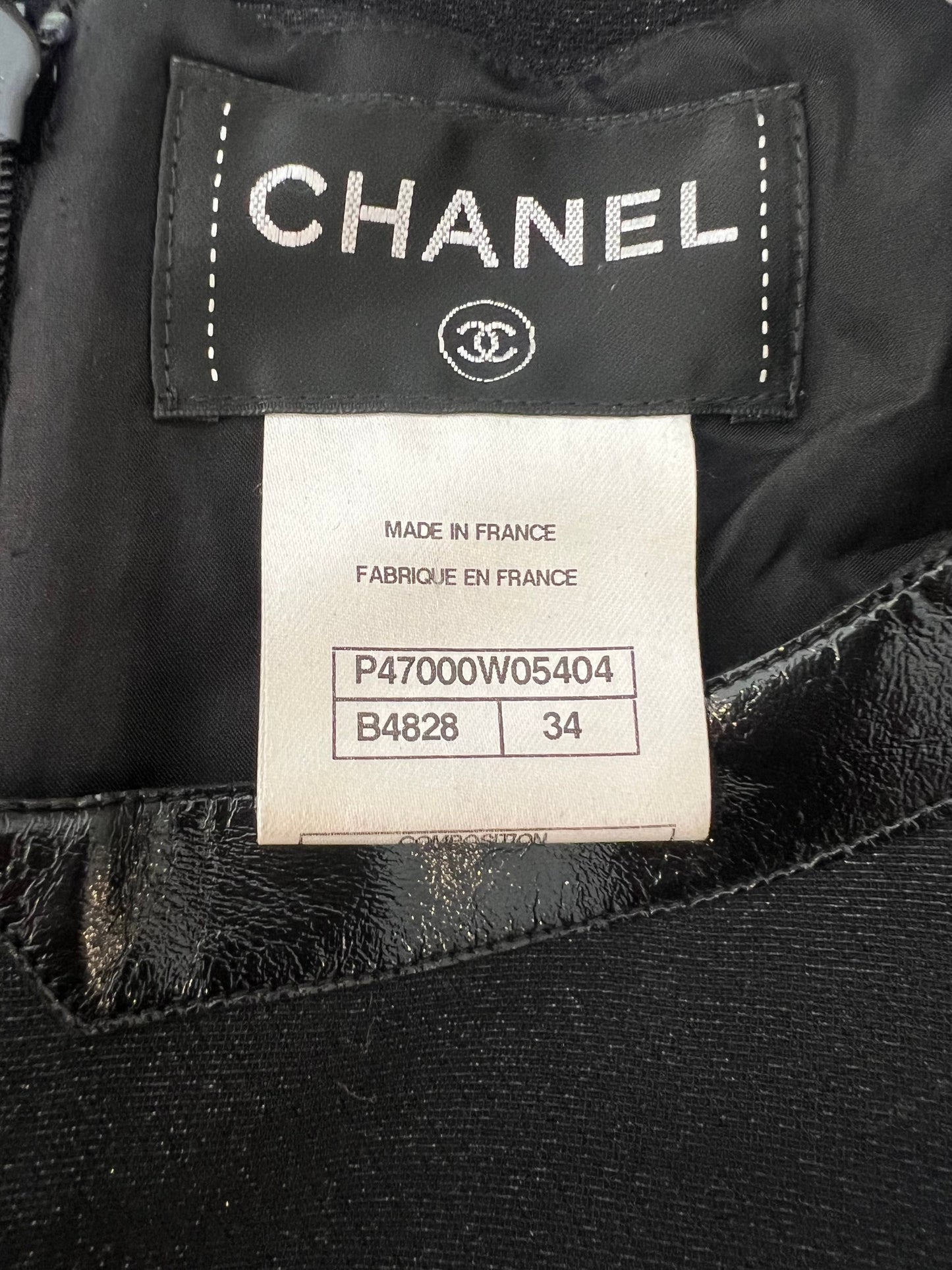 Chanel Fall 2013 Black Mini Dress with Patent Leather Effect Trim Details and Globe CC Logo Button Size FR 34 (UK 6)