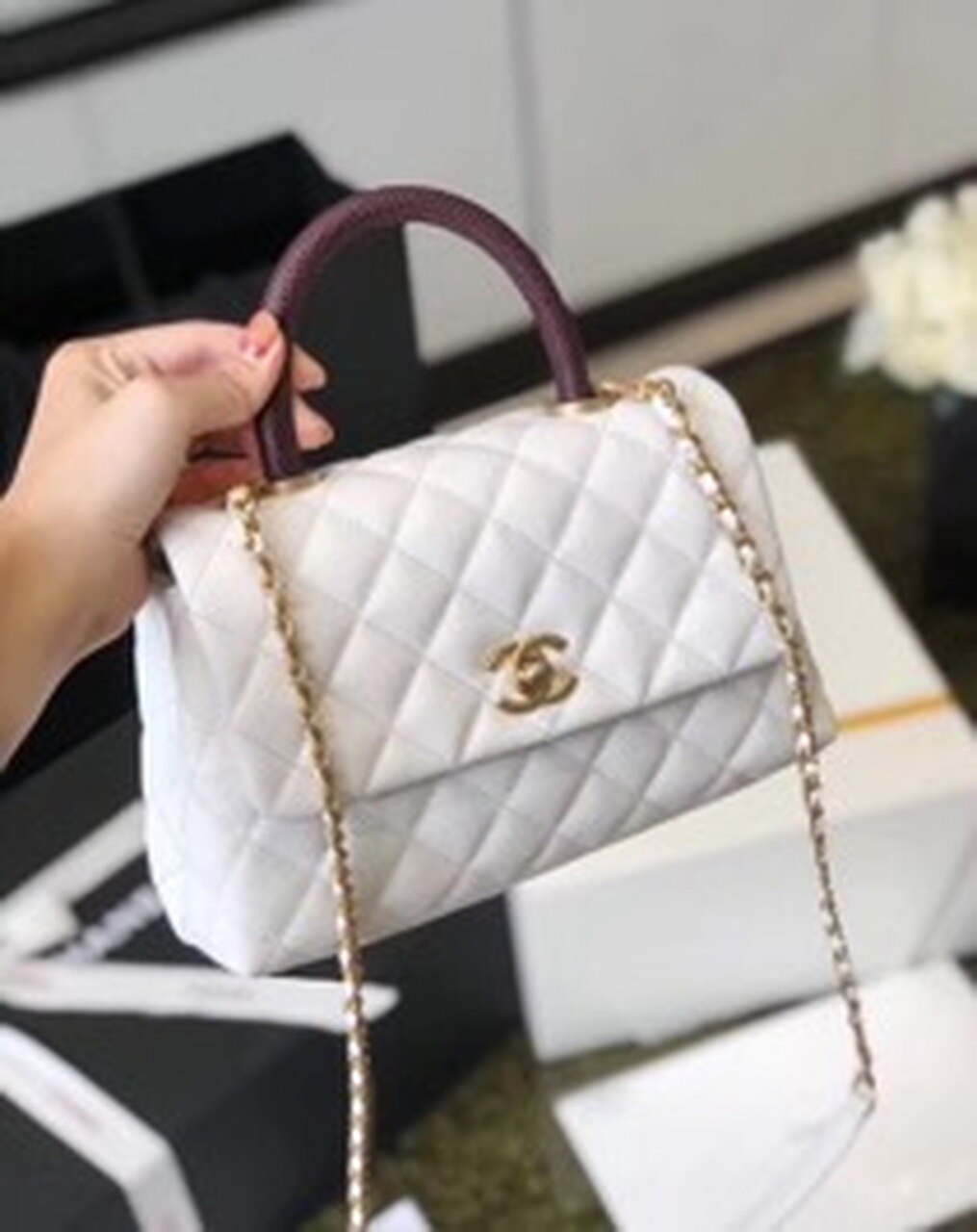 CHL Coco Handle Quilted Lizard Handle Bag 24cm Caviar Leather Gold Hardware Spring/Summer Act 1 Collection, White