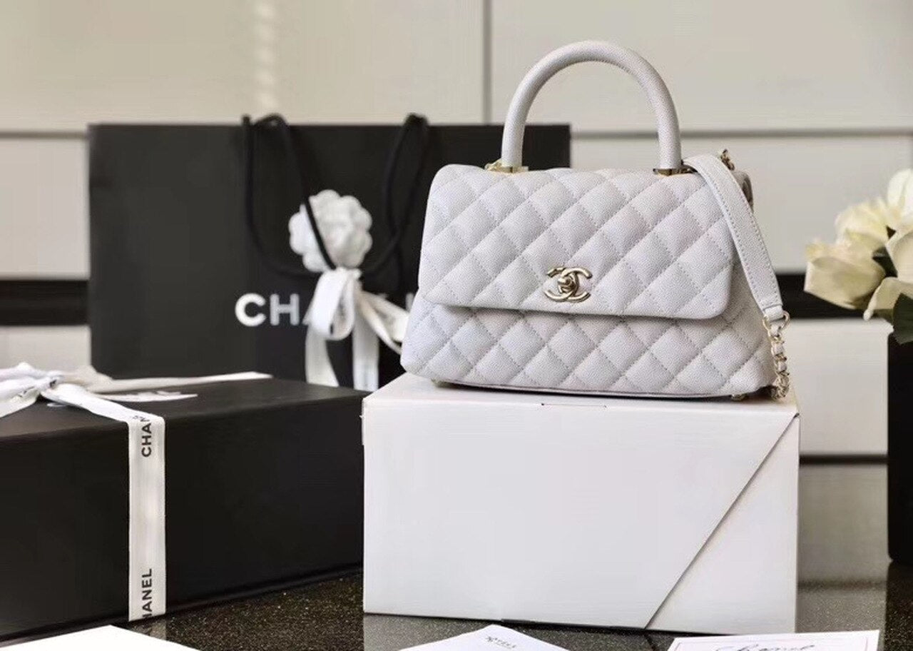CHL Coco With Top Handle Bag Gold Toned Hardware White For Women 9in/24cm