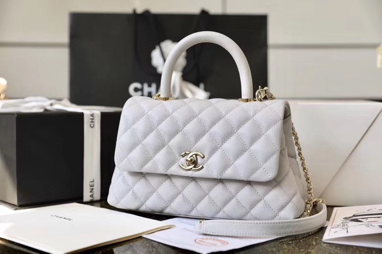 CHL Coco With Top Handle Bag Gold Toned Hardware White For Women 9in/24cm