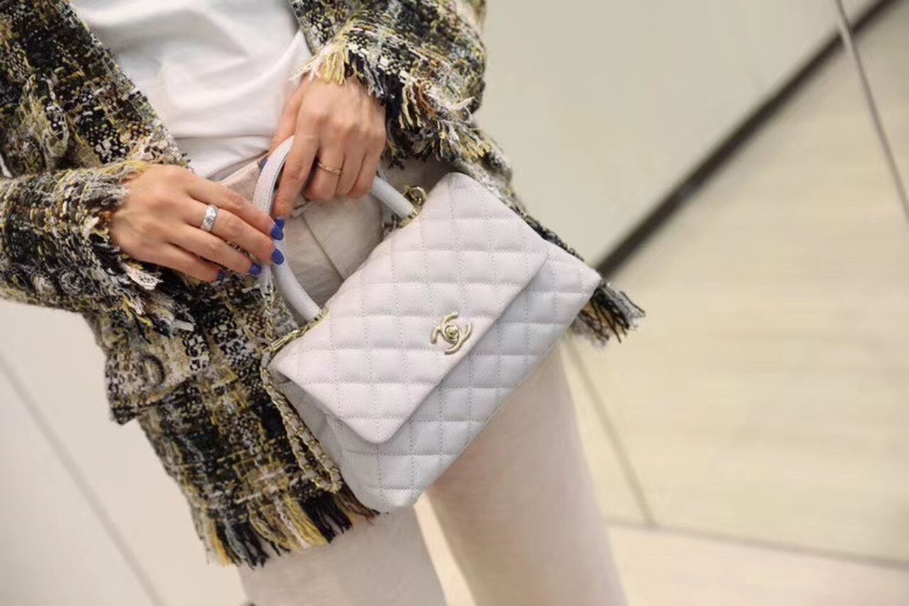 CHL Coco With Top Handle Bag Gold Toned Hardware White For Women 9in/24cm