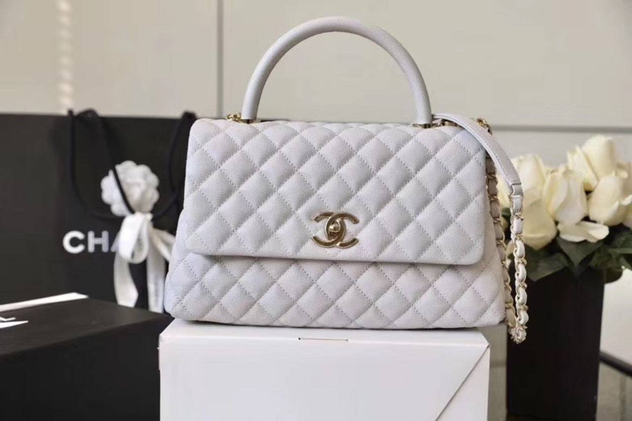 CHL Coco With Top Handle Bag Gold Toned Hardware White For Women 11in/29cm