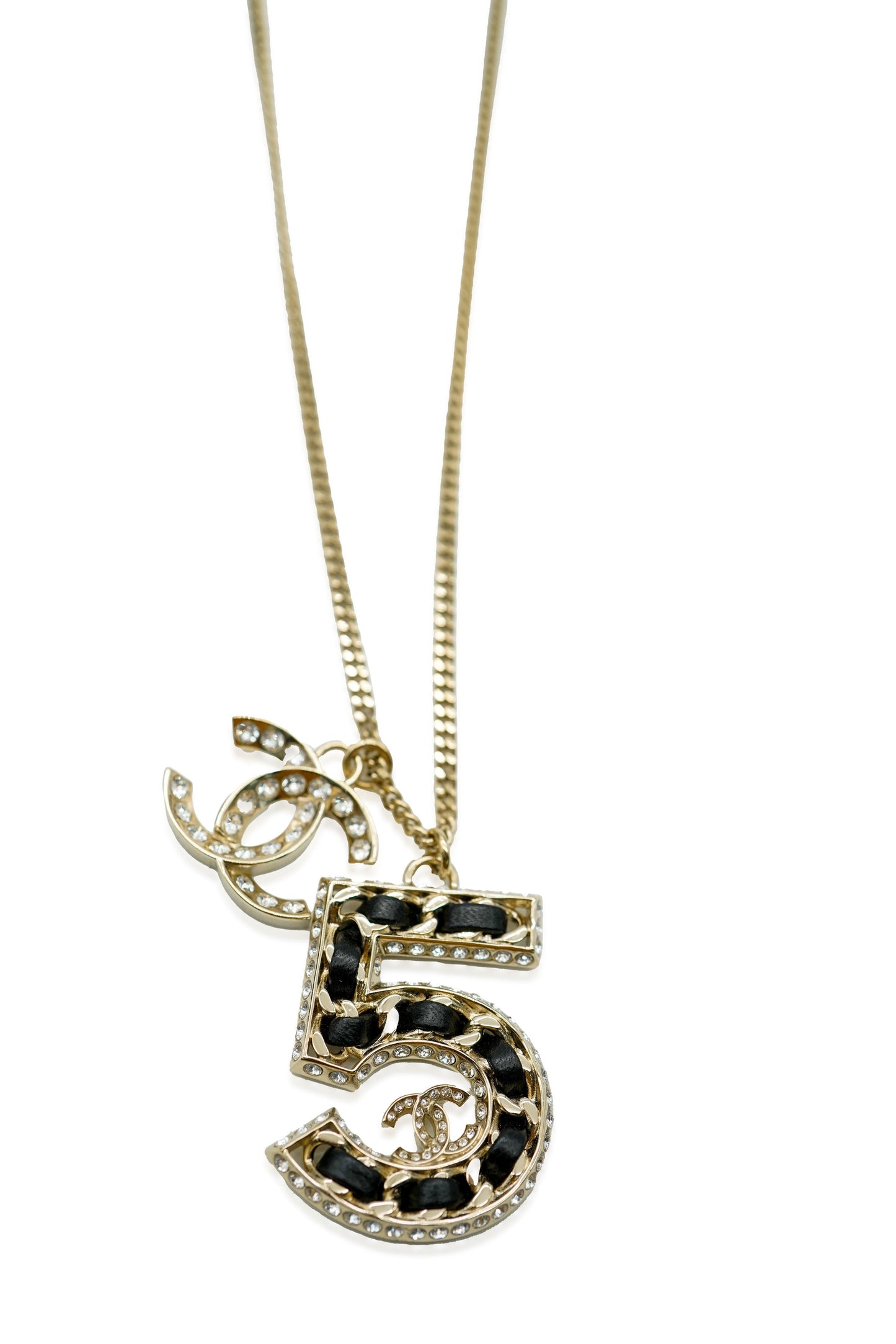 CHANEL 2023 No.5 Woven Chain Pendant WIth Strass CC And Leather Gold Plated