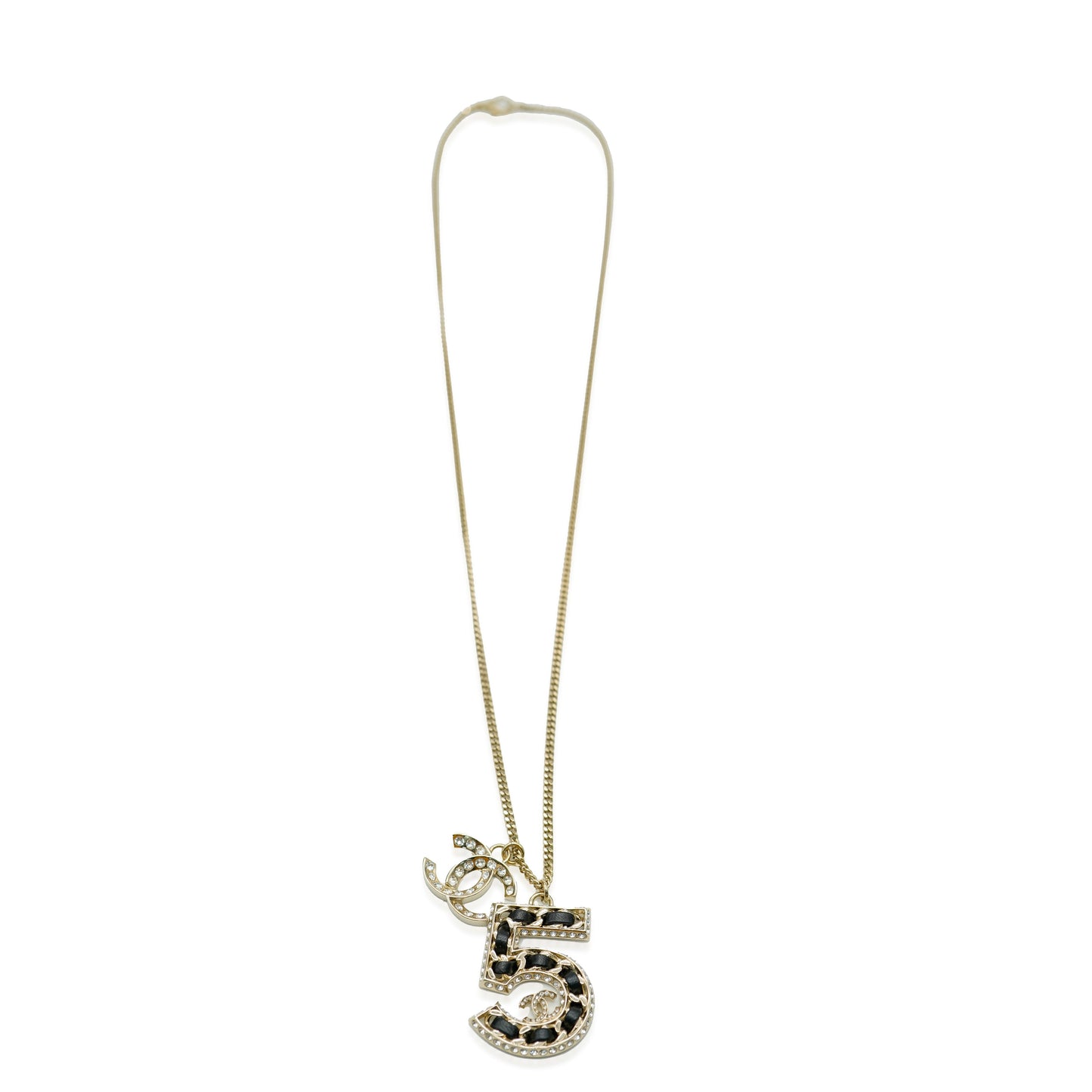 CHANEL 2023 No.5 Woven Chain Pendant WIth Strass CC And Leather Gold Plated