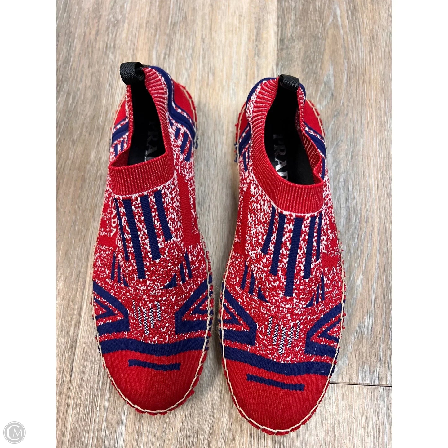 Shoes Luxury Designer By Prada In Blue & Red, Size: 7 (37)