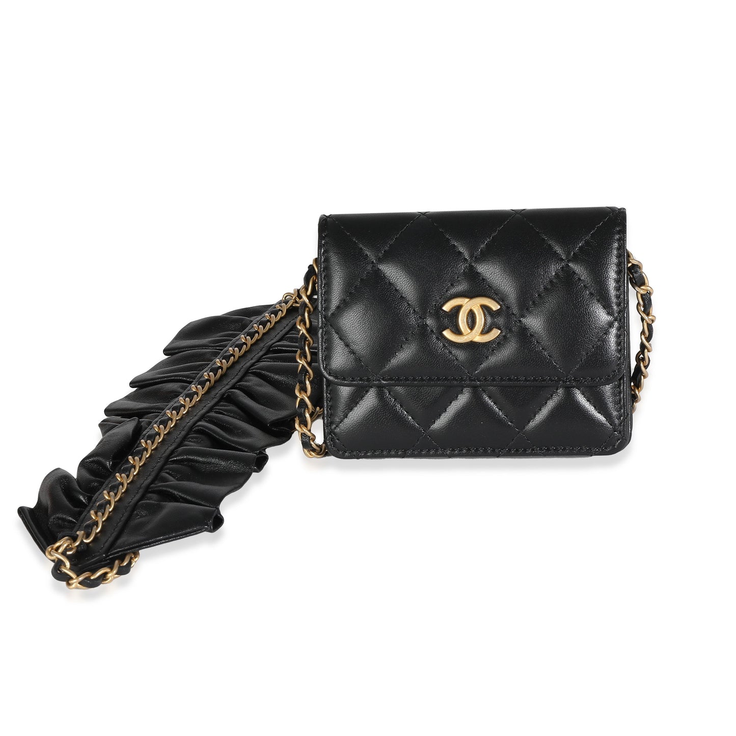 CHANEL Black Quilted Lambskin Ruffled Card Holder On Chain