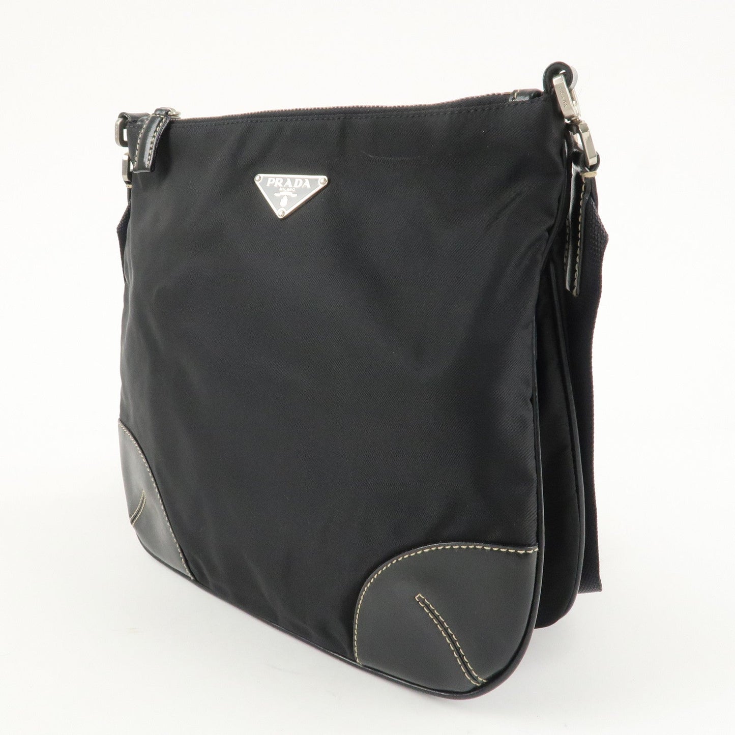 PRADA Triangle Logo Leather Nylon Shoulder Bag Crossbody Bag Black  d