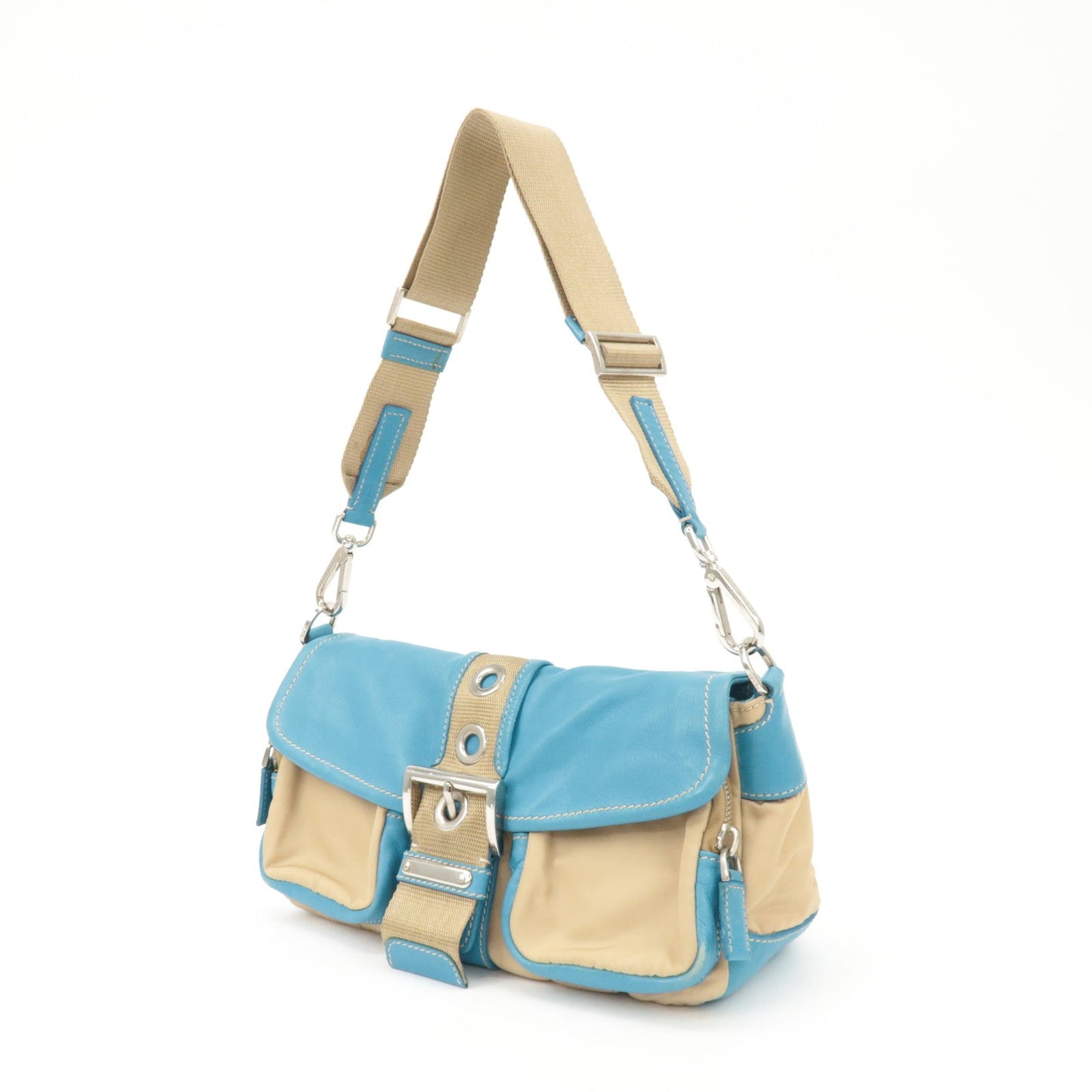 PRADA Nylon Leather Shoulder Bag Crossbody Bag Blue Beige BR2417  d