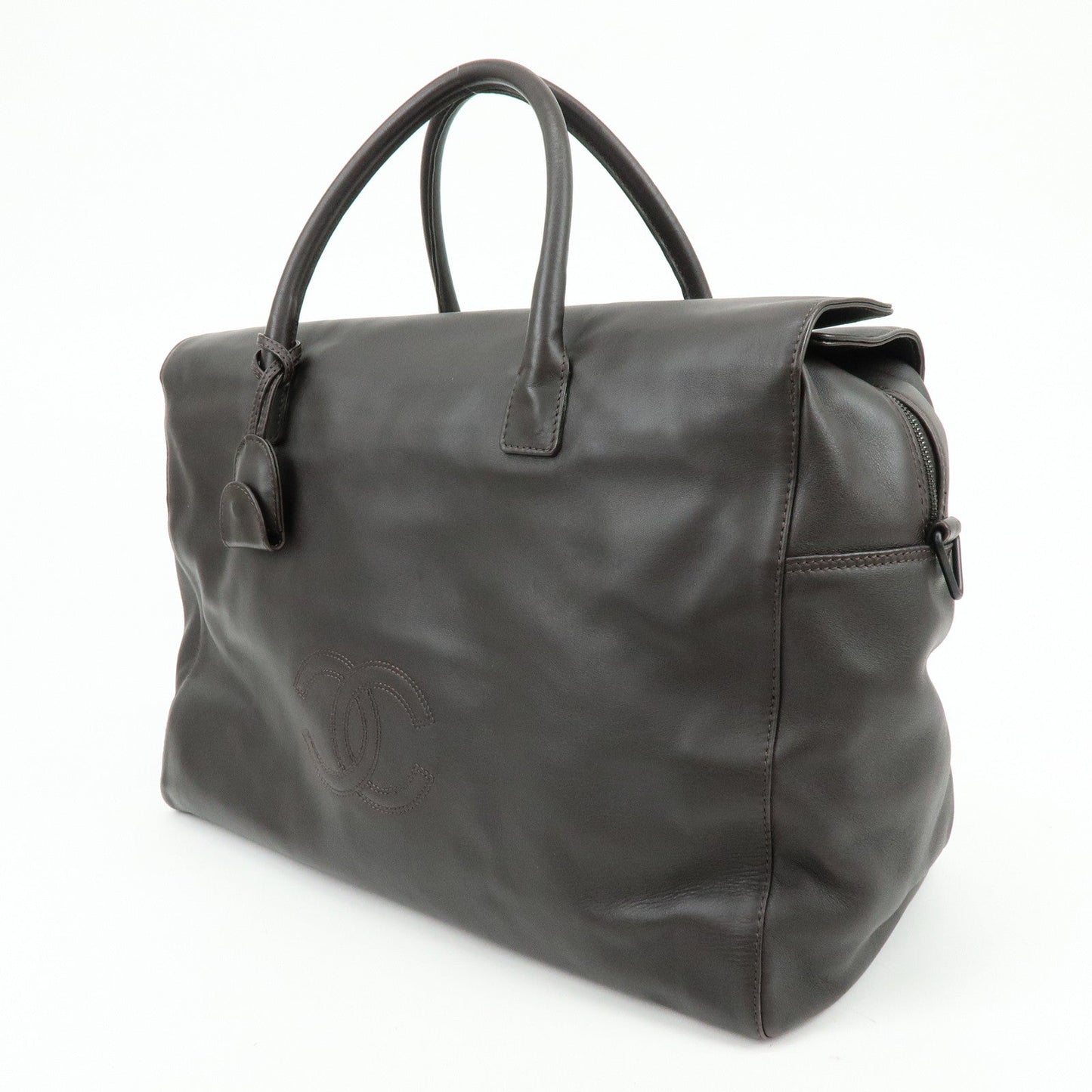 CHANEL COCO Mark Calf Skin Boston Bag Travel Bag Dark Brown