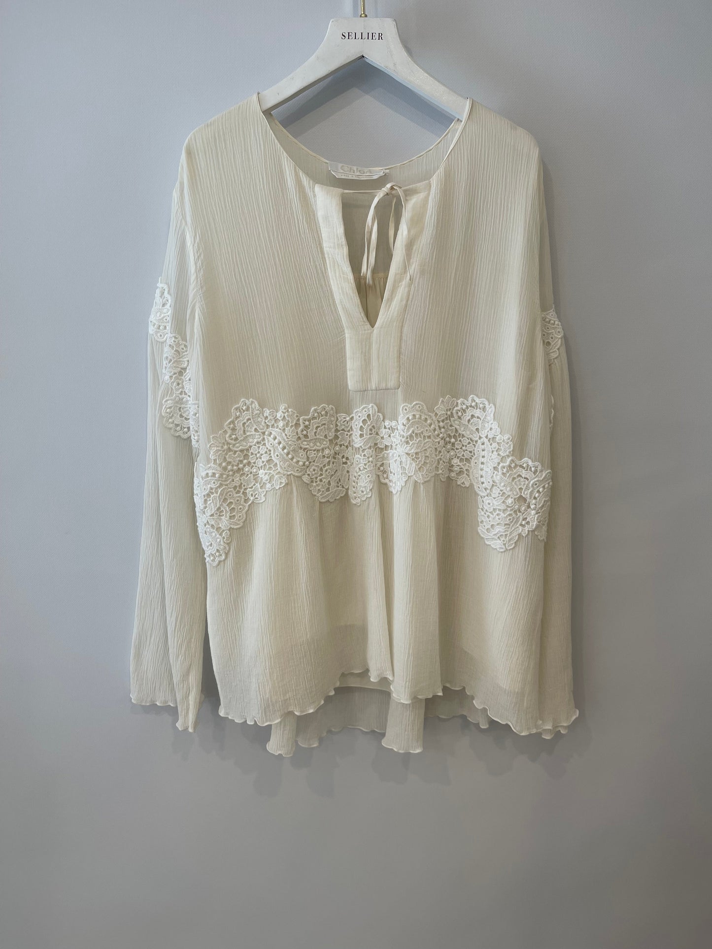 ChloŽ Cream Long-Sleeve Top with Embroideries and Cut-Out Detail FR 38 (UK 10)