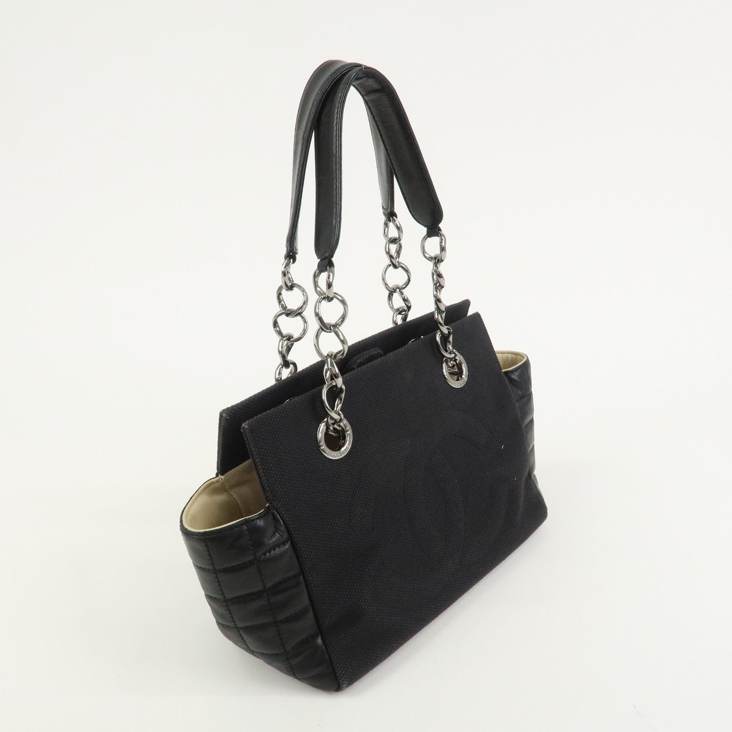 CHANEL Chocolate Bar Lamb Skin Canvas Shoulder Bag Hand Bag Black