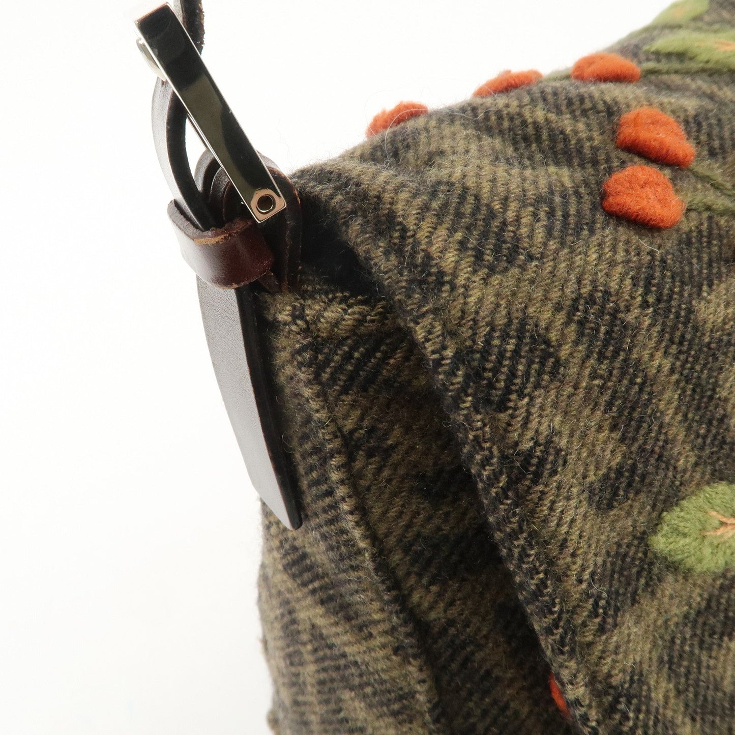 FENDI Mamma Baguette Wool Leather Shoulder Bag Tree Motif Khaki  d