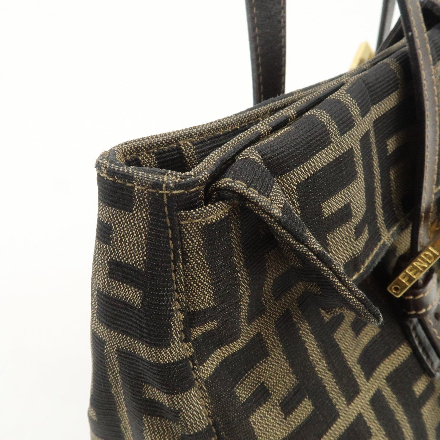 FENDI Zucca Canvas Leather Hand Bag Brown Black Gold Hardware  d