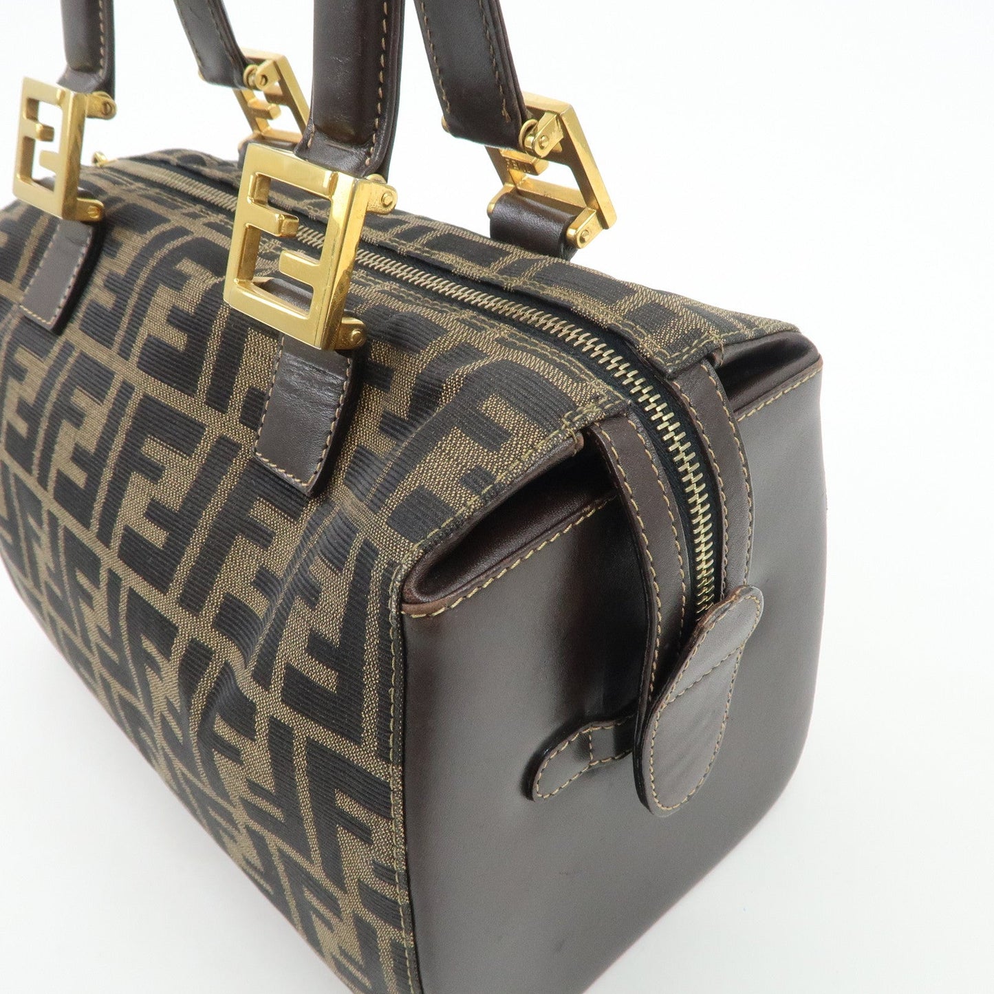 FENDI Zucca Canvas Leather Hand Bag Brown Black  d