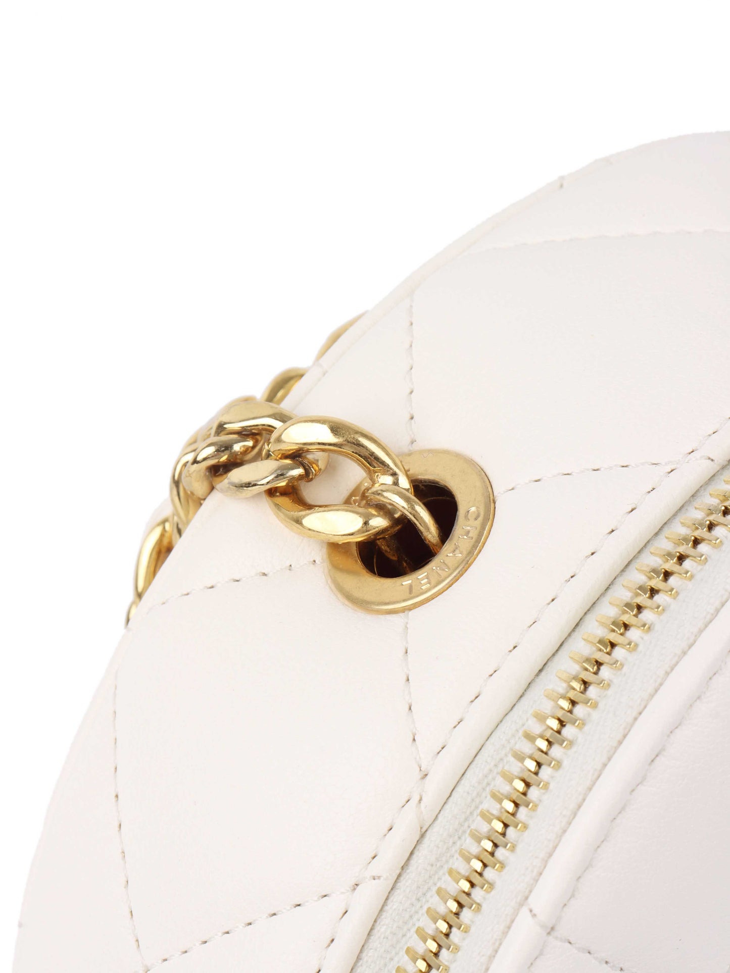 Chanel White Round Vanity with Chain Ring Handle.