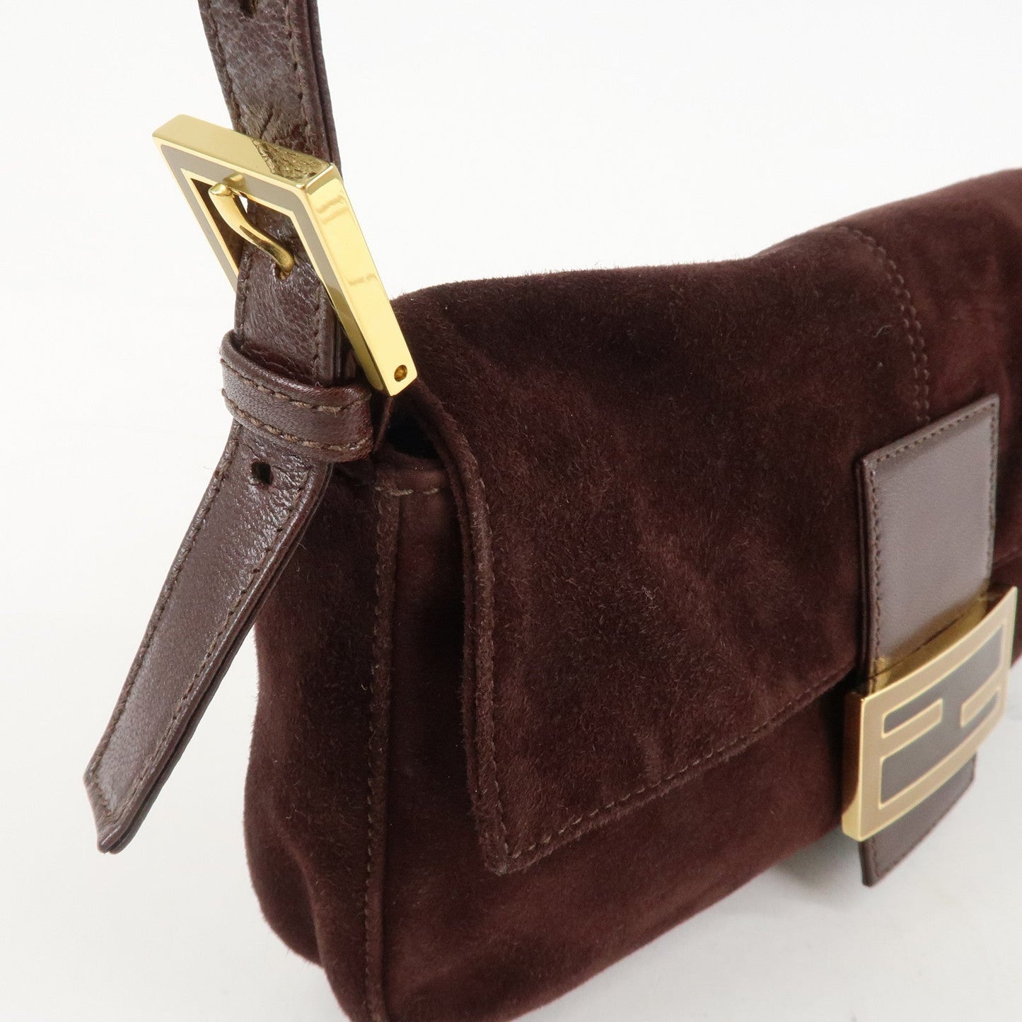FENDI Suede Leather Shoulder Bag Dark Brown 26424  d