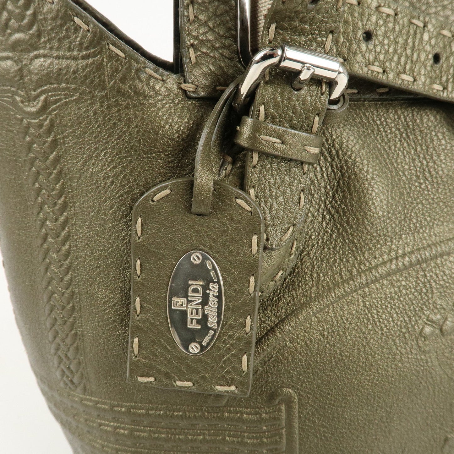 FENDI Selleria Leather Tote Bag Shoulder Bag Khaki 8BN155  d