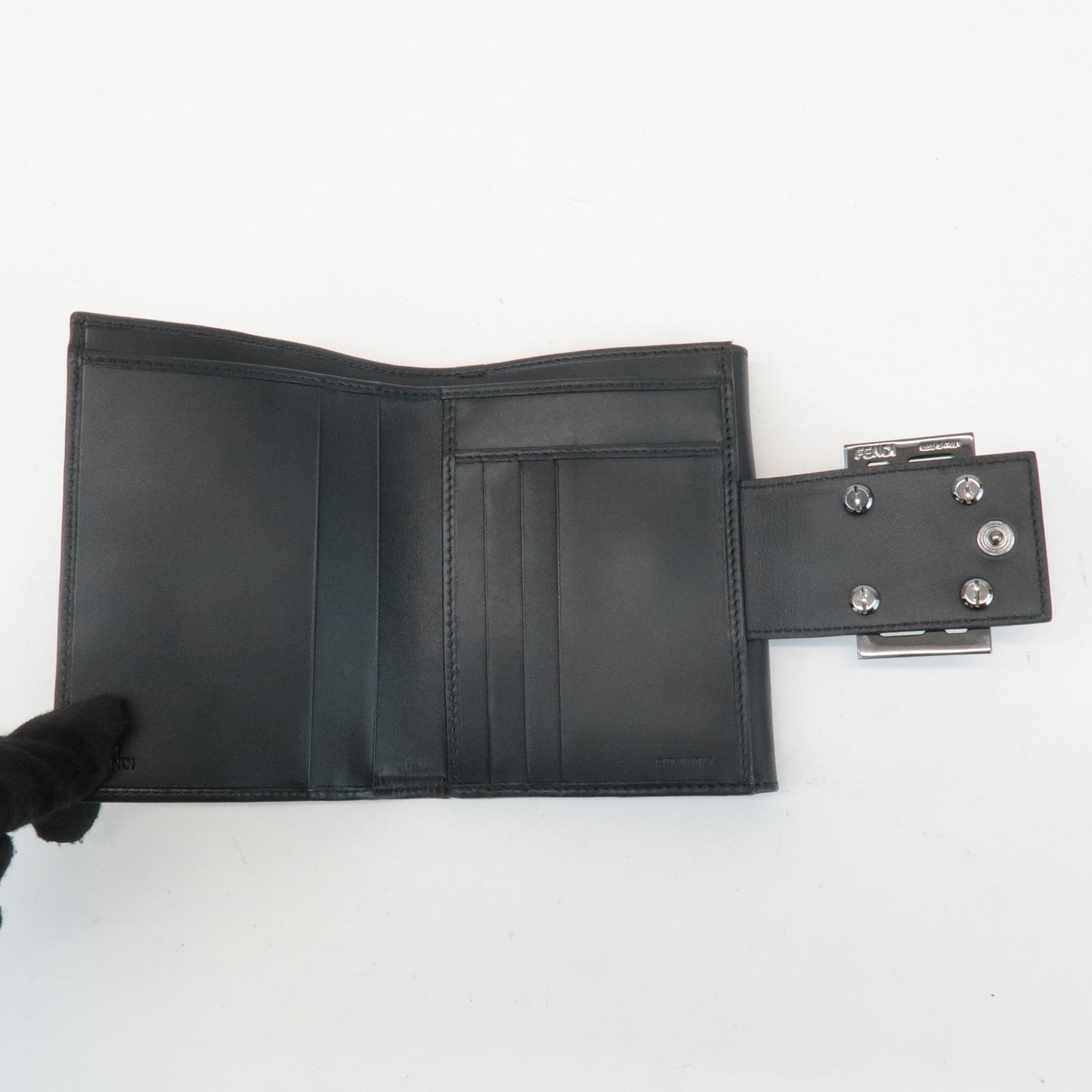 FENDI Zucchino Canvas Leather Double Hook Wallet Black 8M0035  d