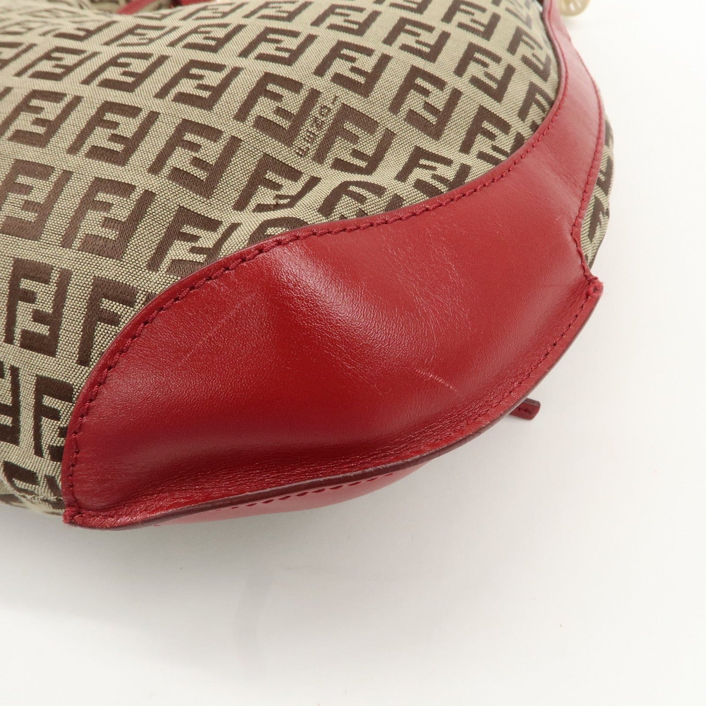 FENDI Zucchino Canvas Leather Shoulder Bag Khaki Brown Red 8BR465  d