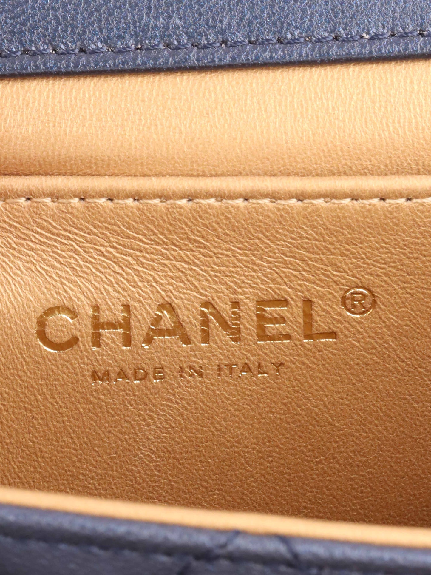 Chanel Navy Iridescent Flap Bag with Pearls.