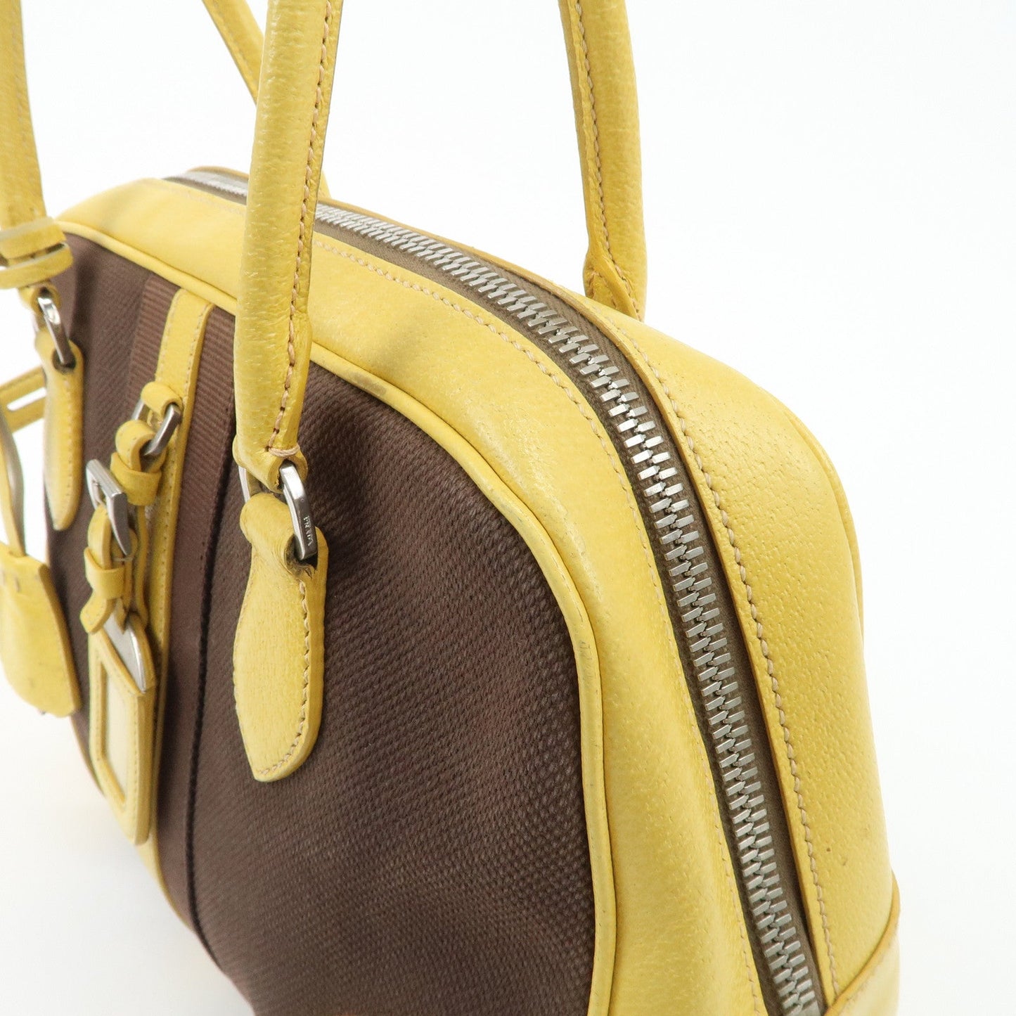 PRADA Canvas Leather Shoulder Bag Hand Bag Brown Yellow  d