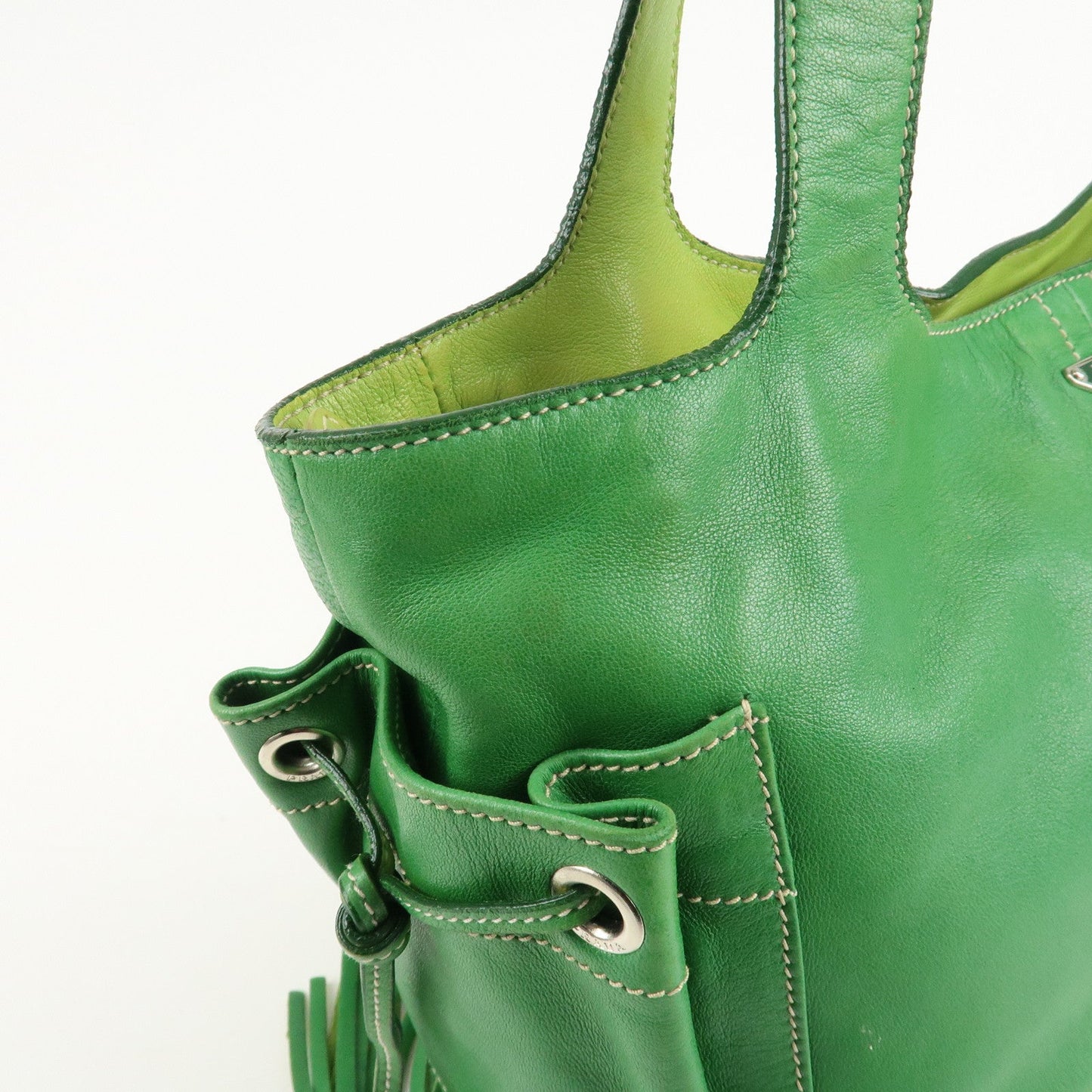 PRADA Logo Leather Tassel Shoulder Bag Hand Bag Green  d