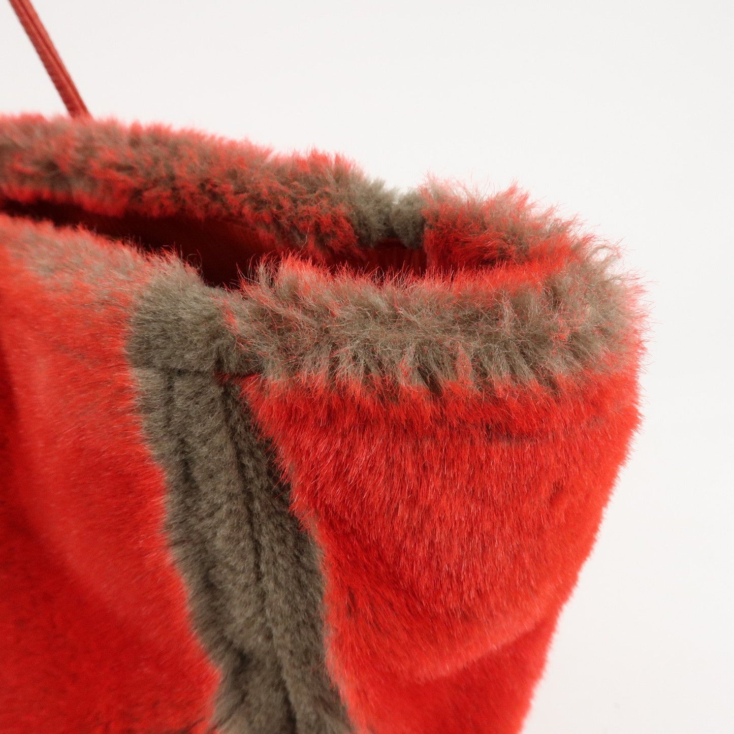 FENDI Leather Fake Fur Shoulder Bag Tote Bag Red  d