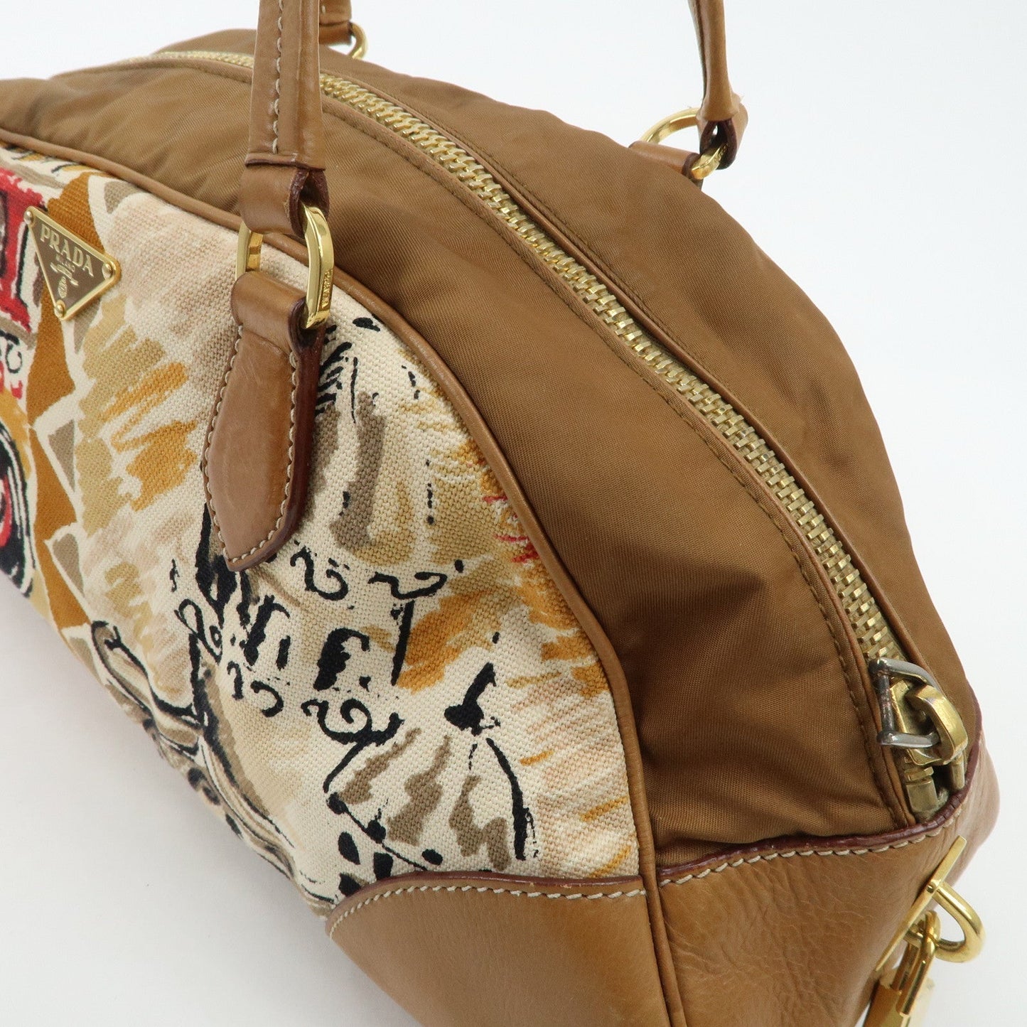 PRADA Logo Canvas Leather Nylon Shoulder Bag Boston Bag Brown  d