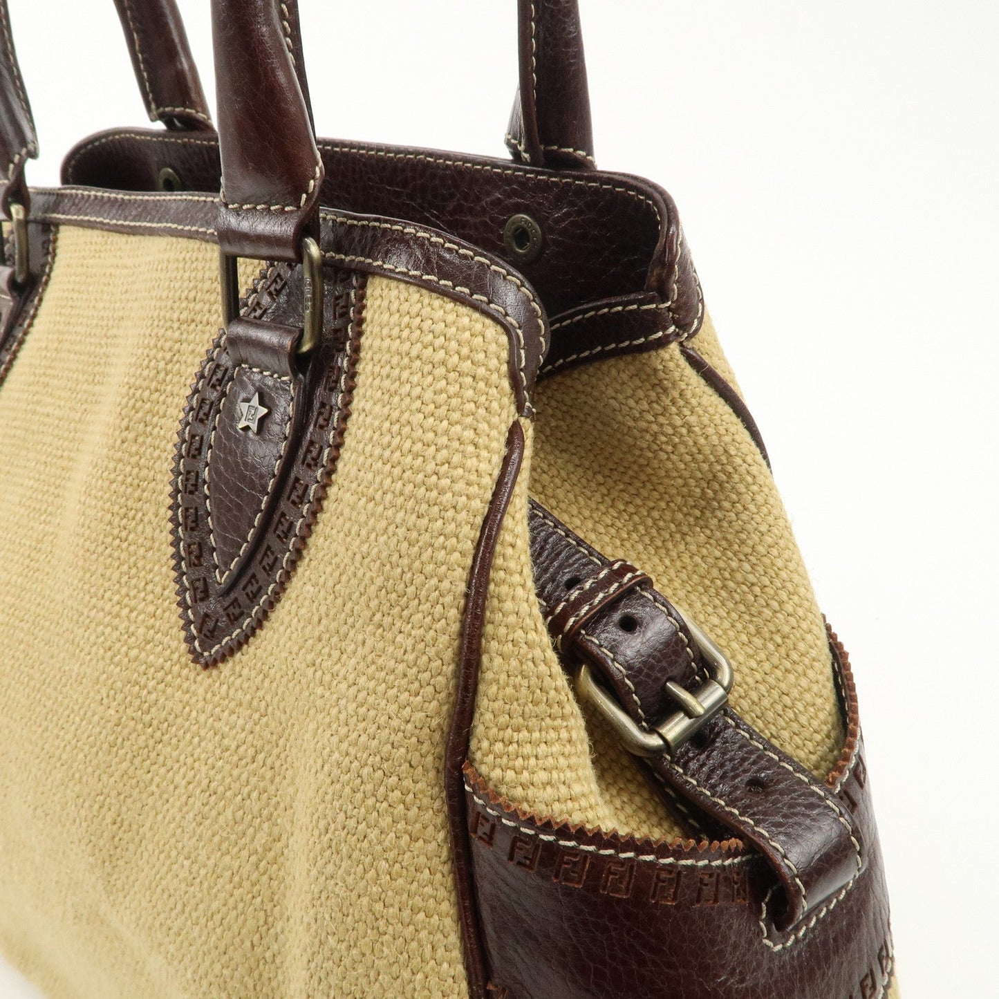 FENDI Ethnico Zucca Canvas Leather Shoulder Bag Beige Brown 8BN162  d