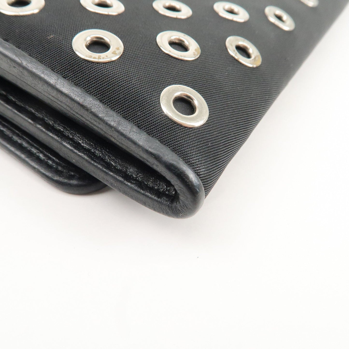 PRADA Grommet Nylon Leather Chain Long Wallet Black Silver HDW  d