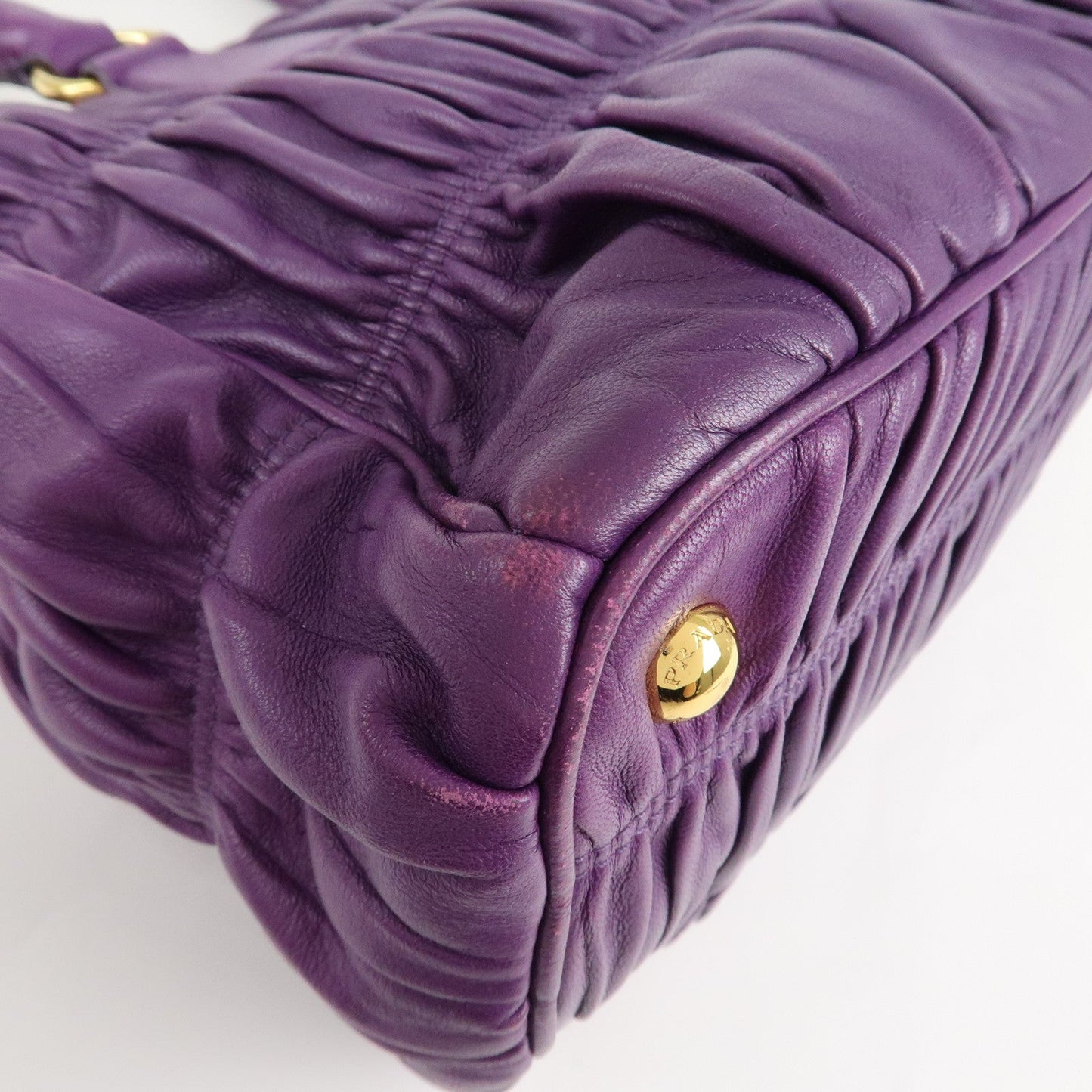 PRADA Leather Gathered Hand Bag Purple Gold Hardware BN2394  d