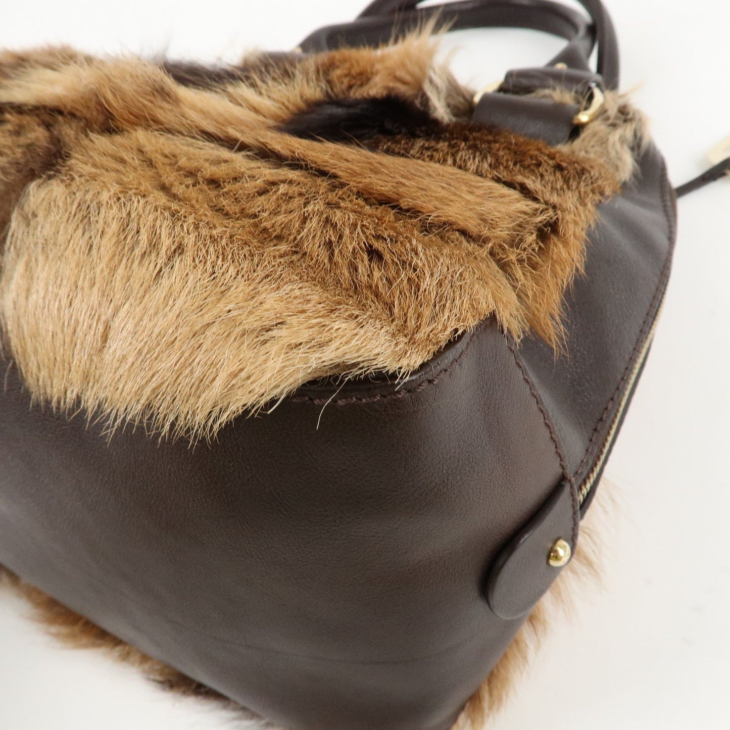 FENDI Fur Leather Tote Bag Hand Bag Shoulder Bag Brown 8BR286  d