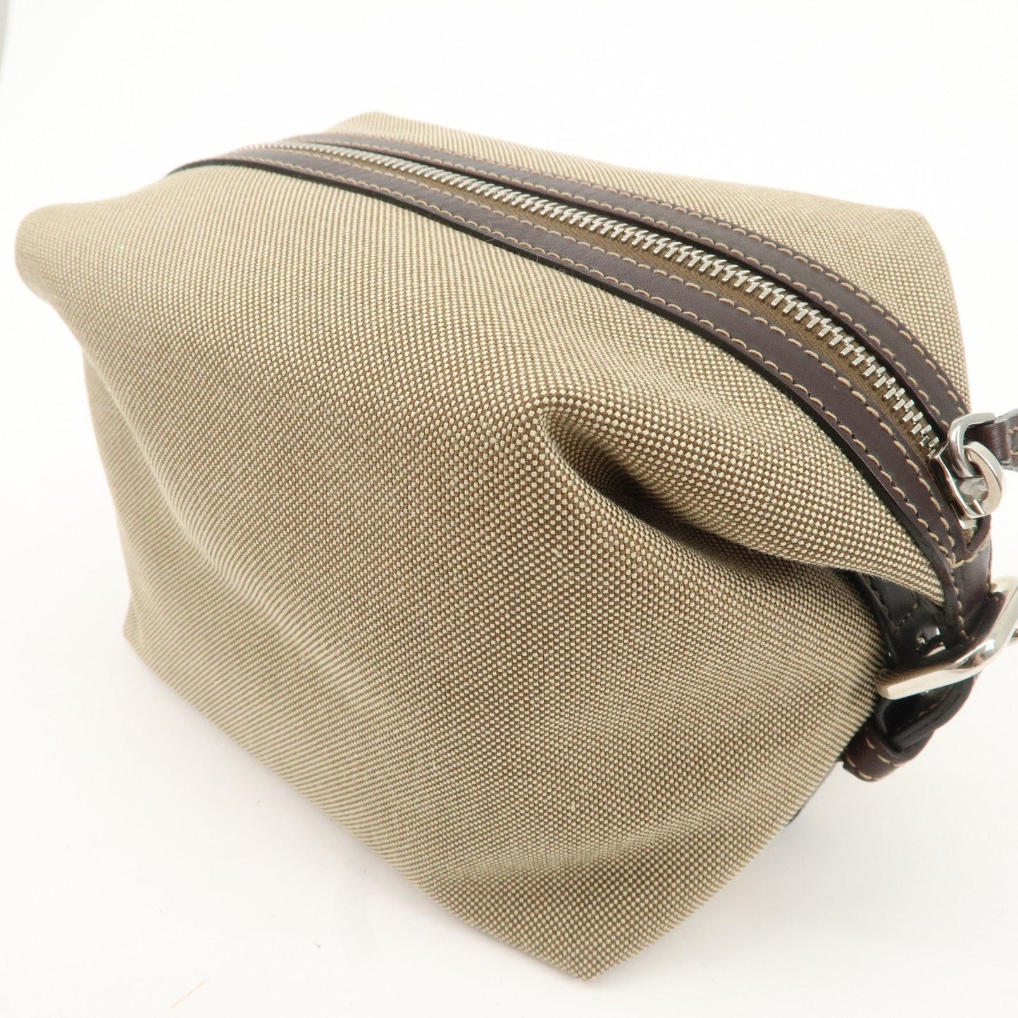 PRADA Logo Jacquard Leather Pouch Beige Brown 1N1298  d