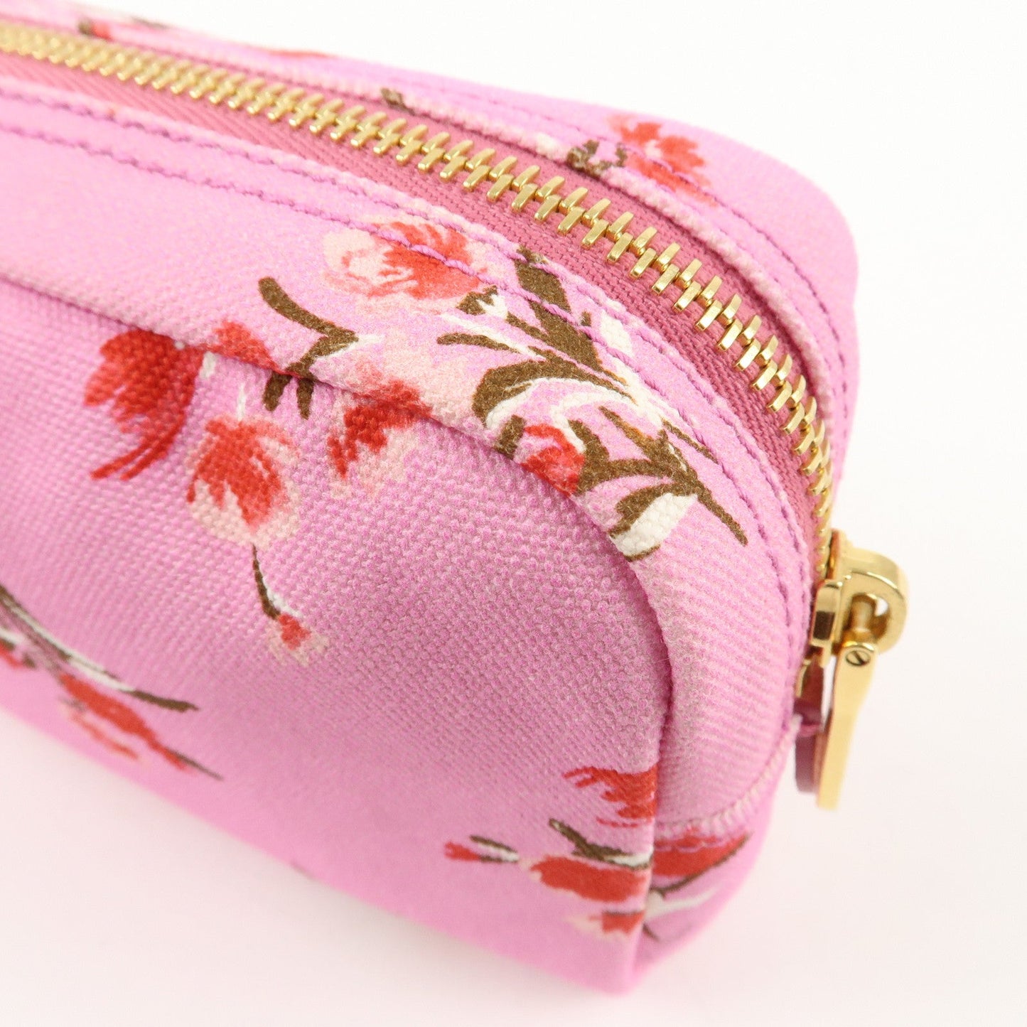 PRADA Canapa Canvas Leather Cosmetic Pouch Flower 1NA021 Pink  d