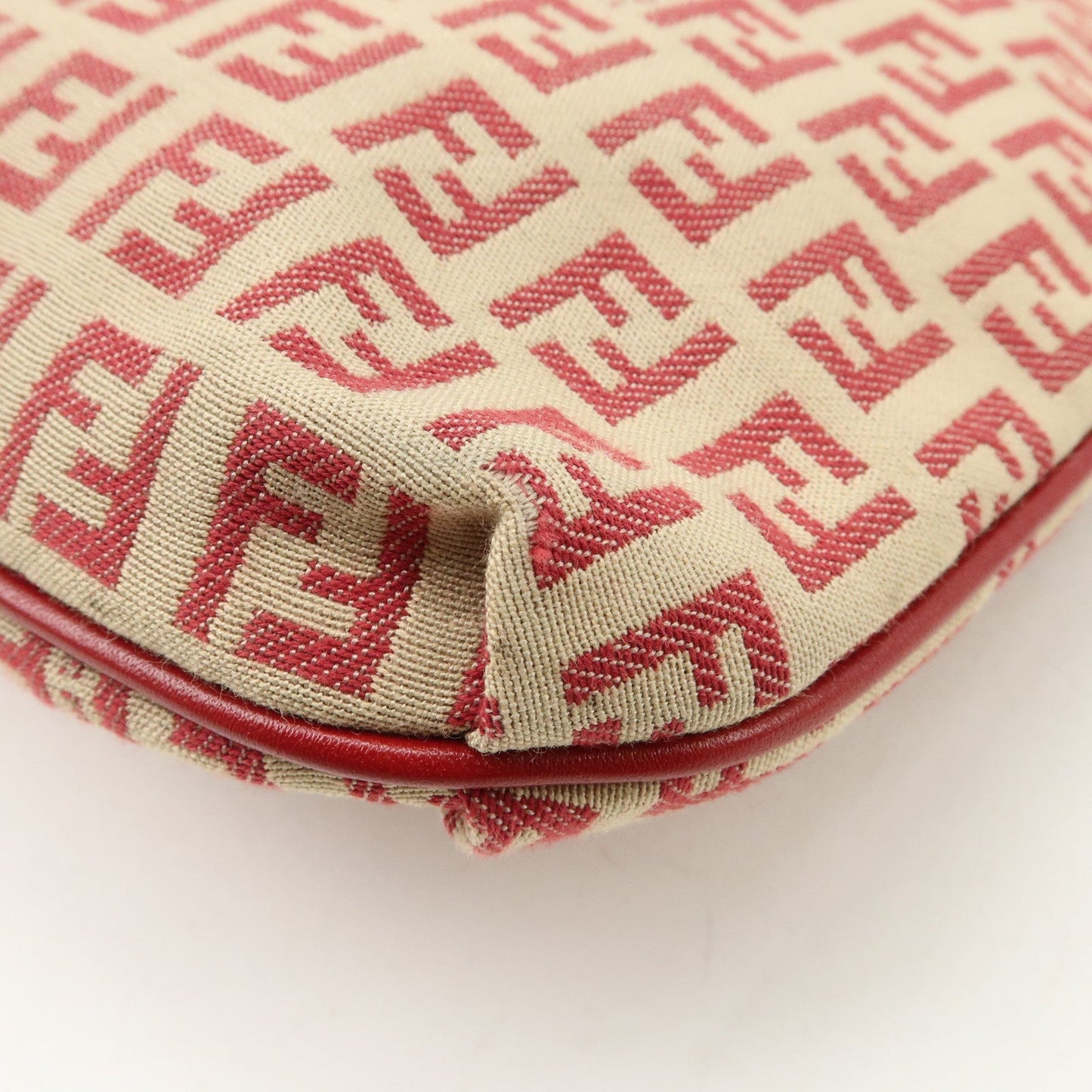 FENDI Zucchino Canvas Leather Shoulder Bag Beige Red 8BT075  d