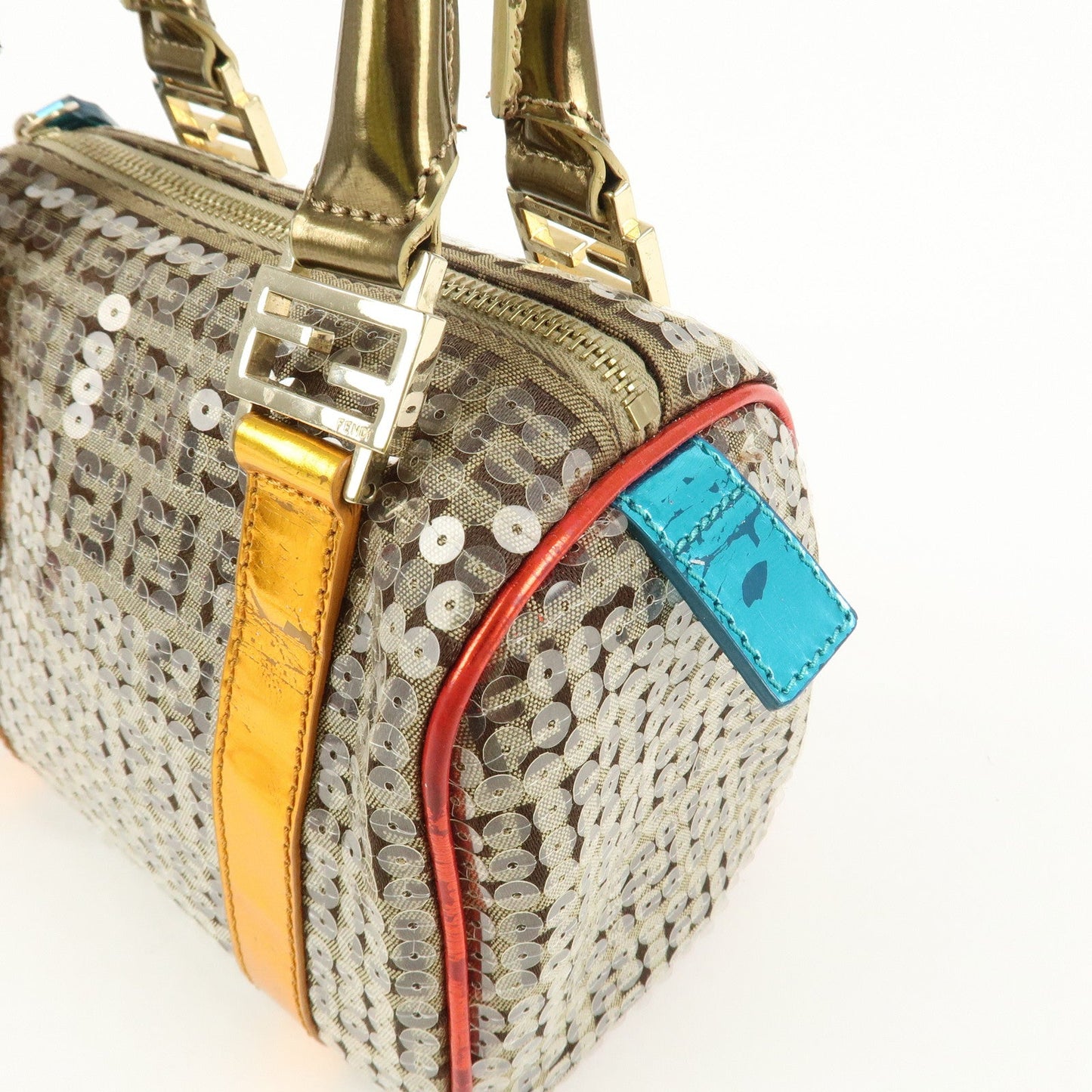 FENDI Zucchino Flip Sequin Canvas Patent Leather Boston Bag 8BL071  d