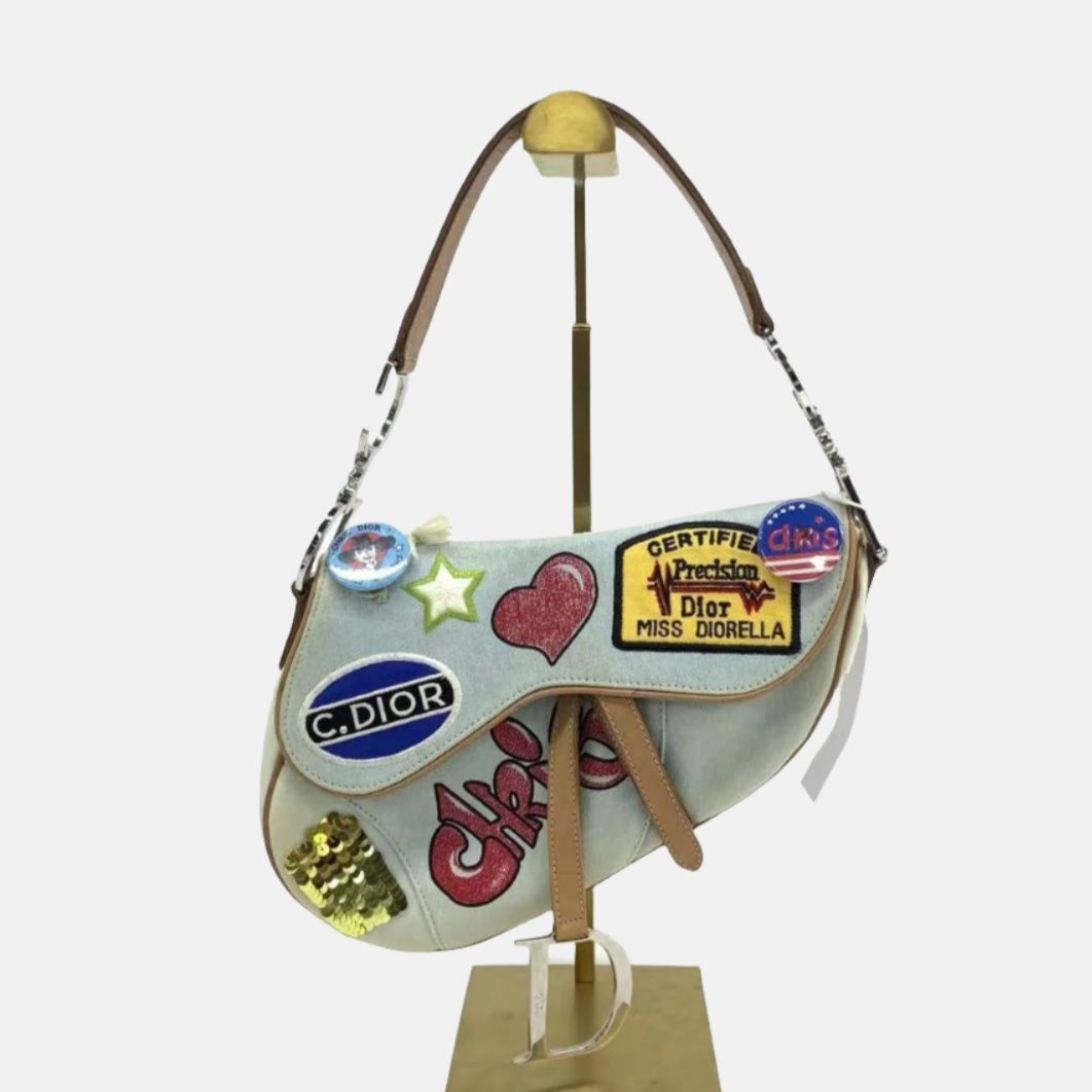 Dior Saddle Bag   Miss Diorella in Blue Denim with Badges, Fall-Winter 2001