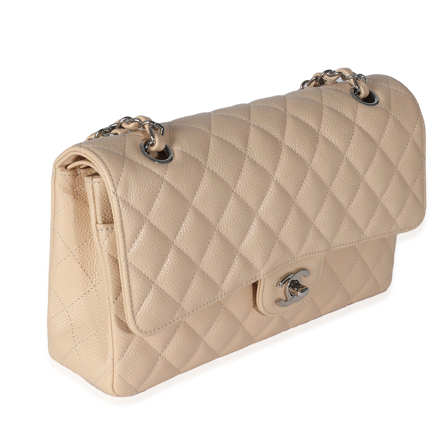 CHANEL Beige Quilted Caviar Medium Classic Double Flap Bag