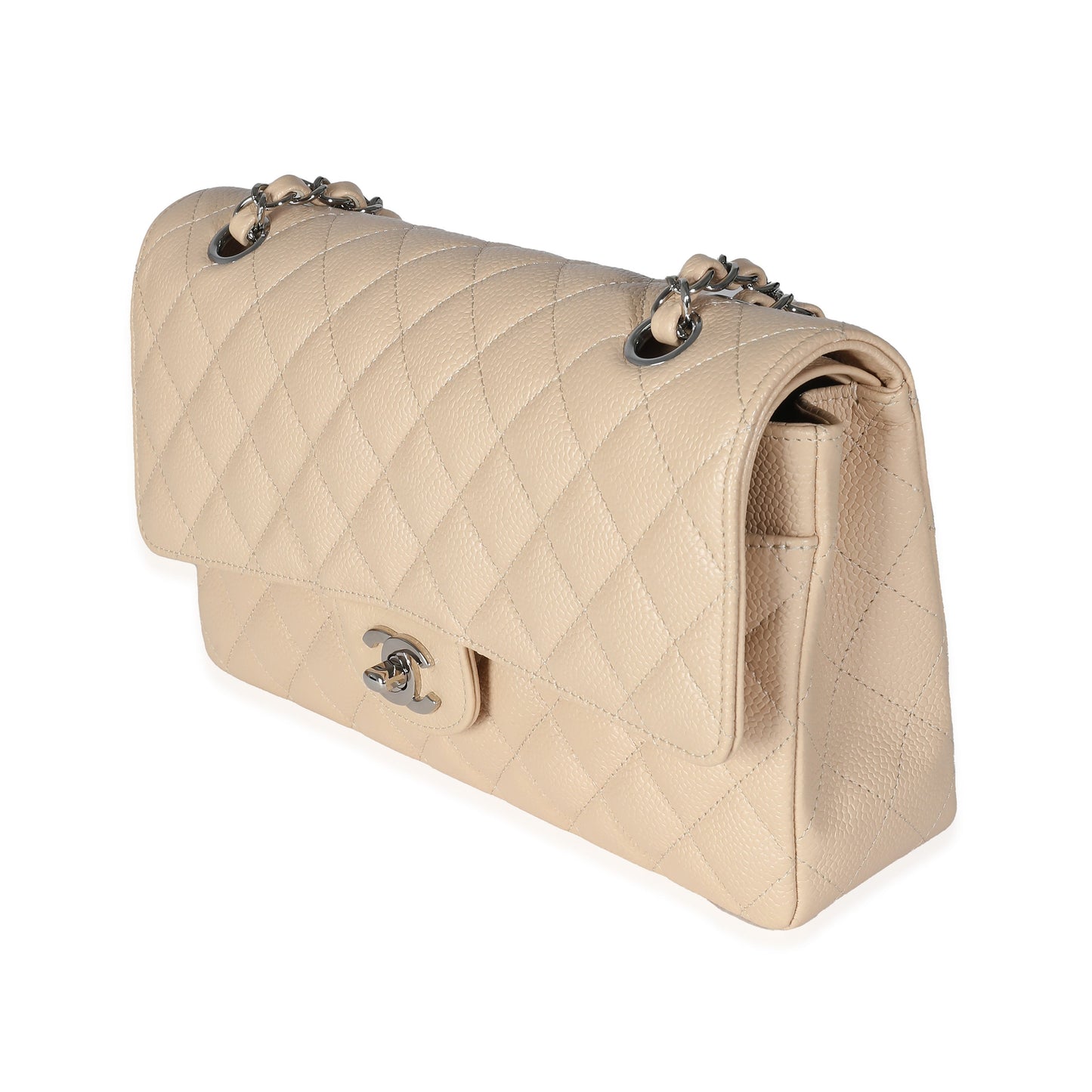 CHANEL Beige Quilted Caviar Medium Classic Double Flap Bag
