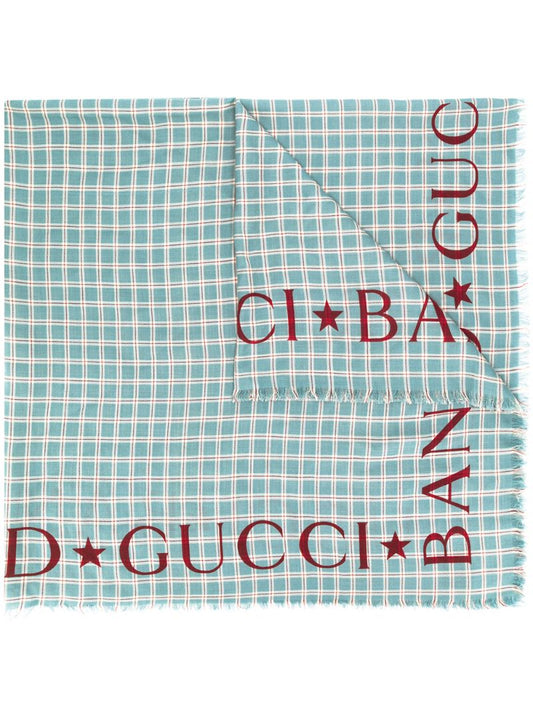 Gucci - logo-print plaid scarf - men - Wool - One Size - Blue