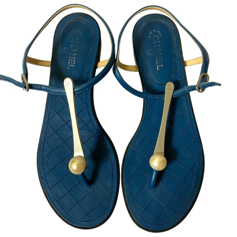 Chanel T-Strap Pearl Button Leather Sandals