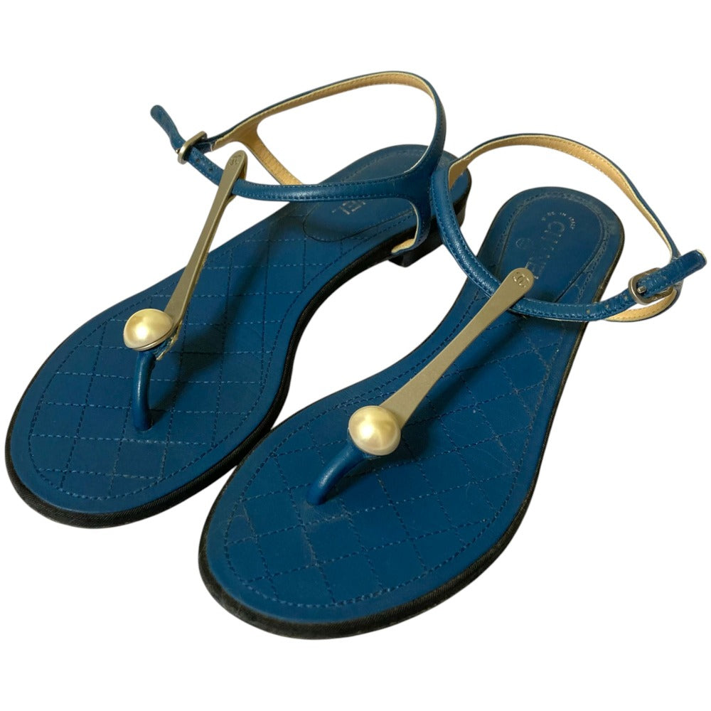 Chanel T-Strap Pearl Button Leather Sandals
