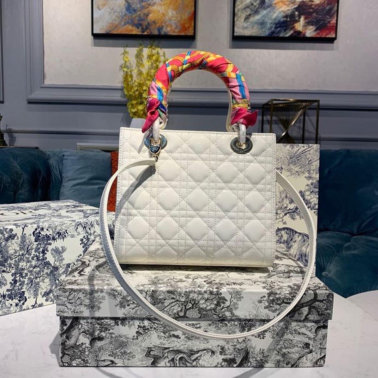 Top Quality MeTop Qualityum Lady Bag Gold Toned Hardware Patent White For Women 24cm/9in CD