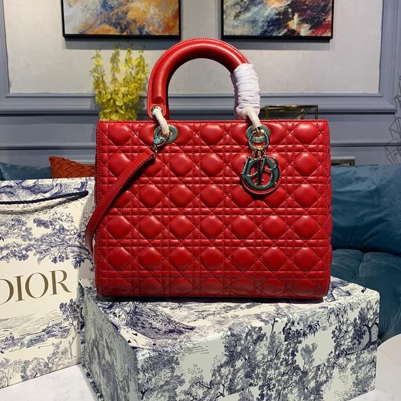 Top Quality Large Lady Bag Gold Toned Hardware Cherry Red Cannage For Women CD 12.5in/32cm M0566ONGE_M52R