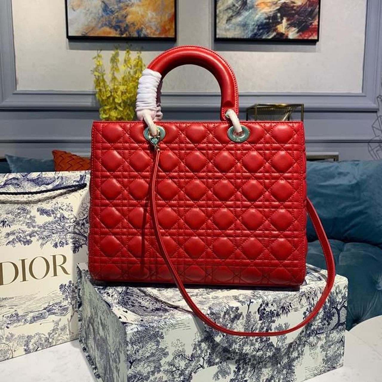 Top Quality Large Lady Bag Gold Toned Hardware Cherry Red Cannage For Women CD 12.5in/32cm M0566ONGE_M52R