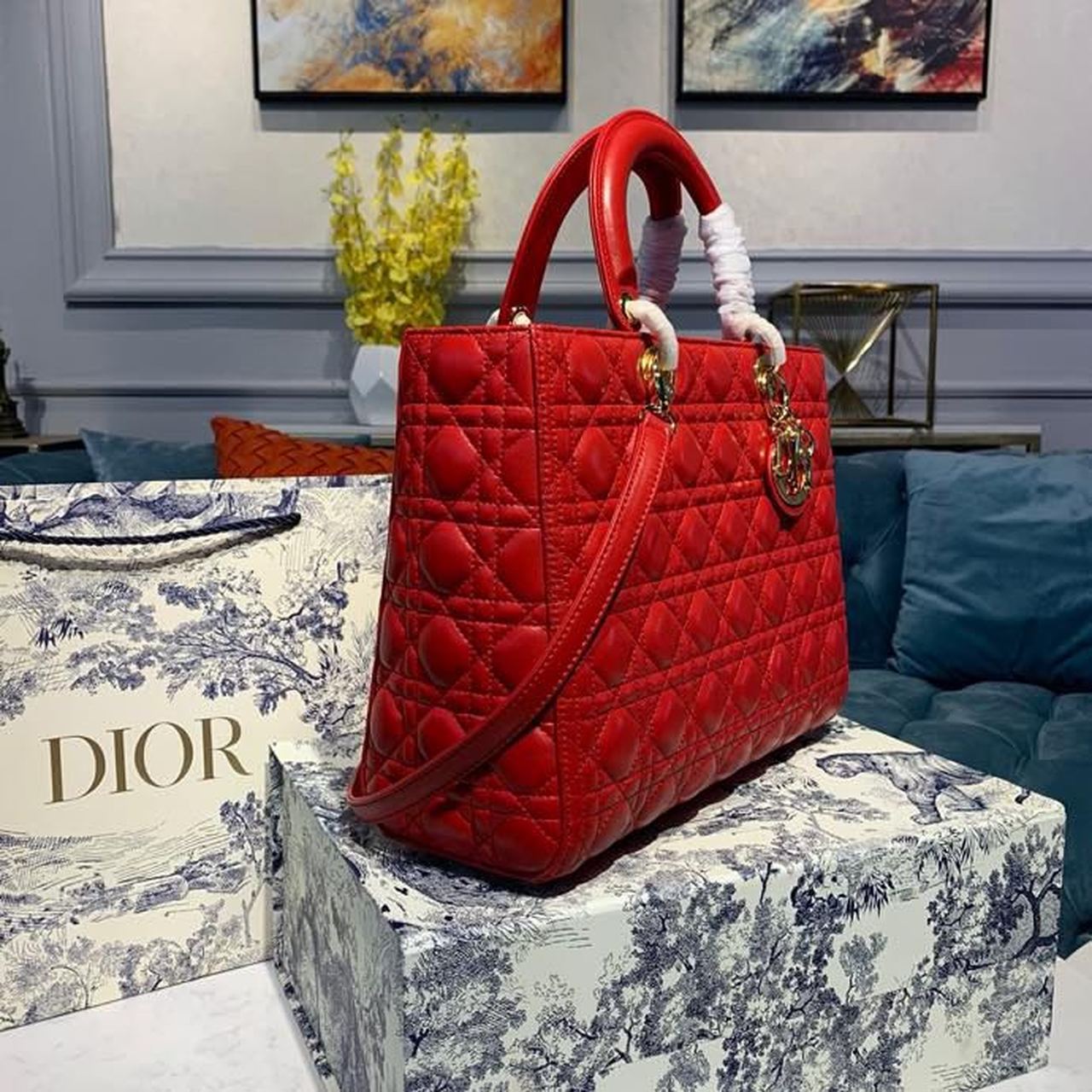 Top Quality Large Lady Bag Gold Toned Hardware Cherry Red Cannage For Women CD 12.5in/32cm M0566ONGE_M52R