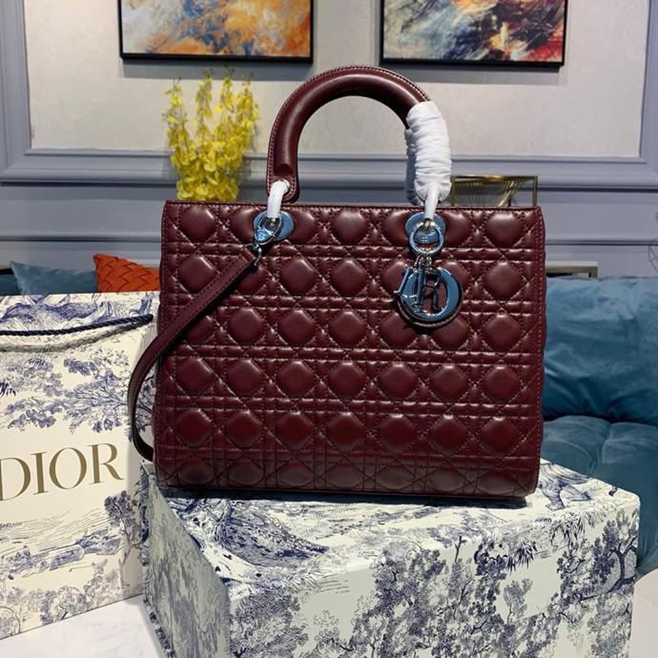 Top Quality Large Lady Bag Silver Hardware Burgundy Cannage For Women 12.5in/32cm CD