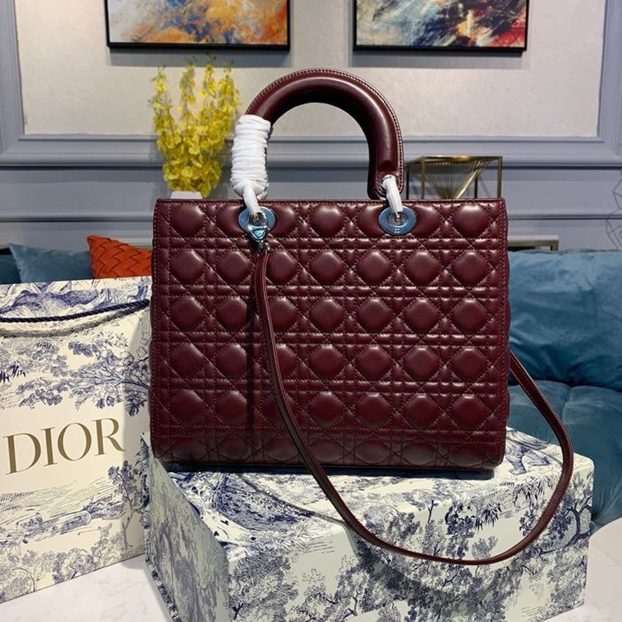 Top Quality Large Lady Bag Silver Hardware Burgundy Cannage For Women 12.5in/32cm CD